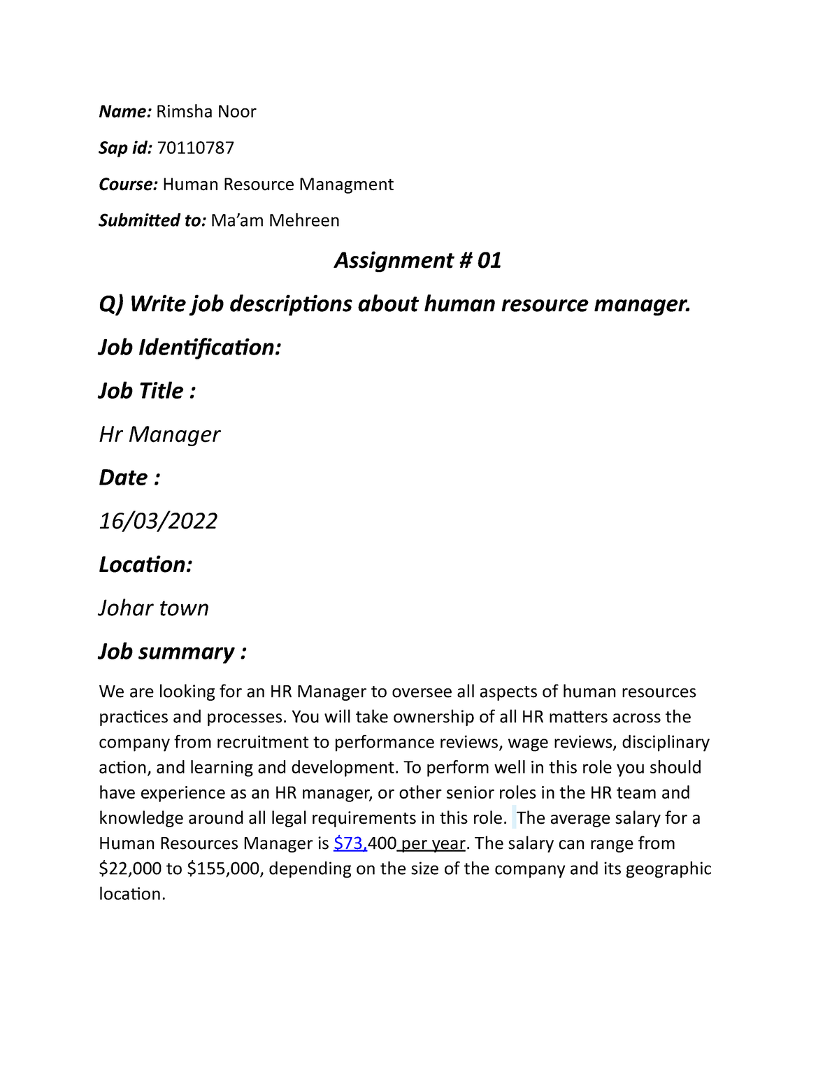 human resource management assignments