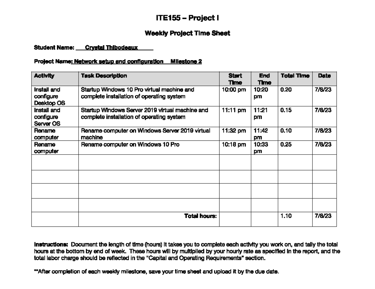 Cthibodeaux timesheet wk2 - ITE119-0 - Studocu