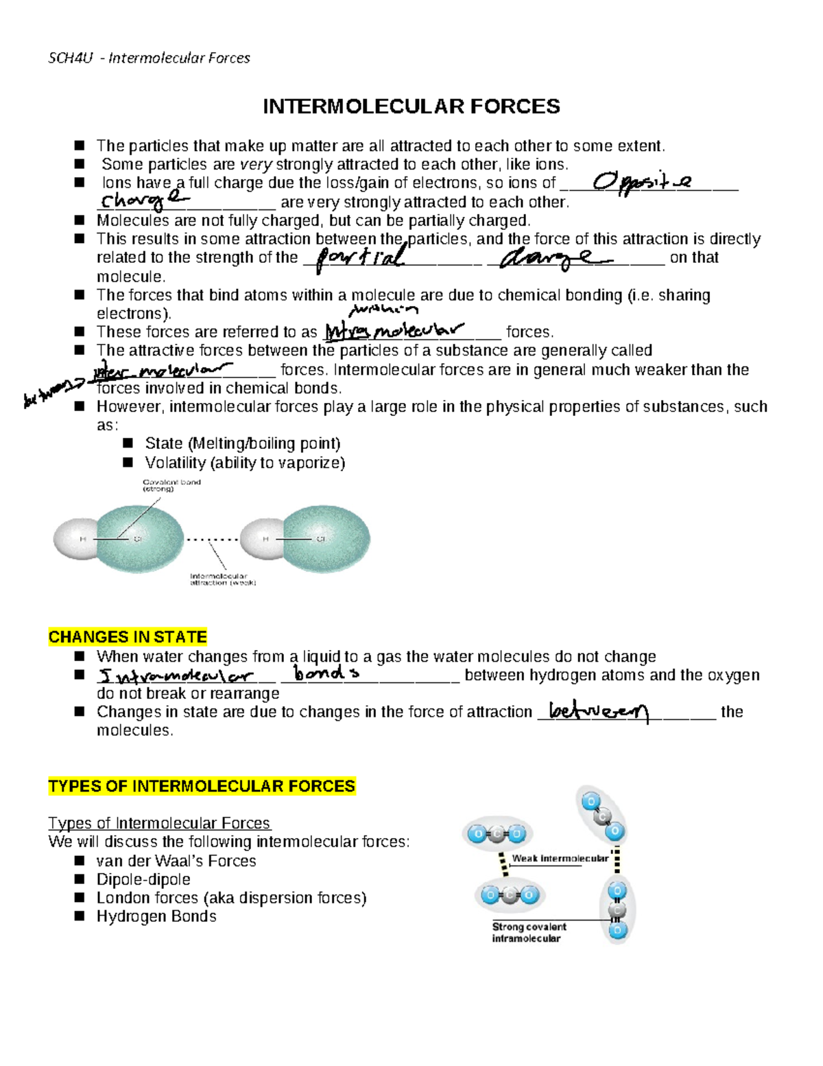 Lesson 7 notes - intermolecular forces - INTERMOLECULAR FORCES The ...