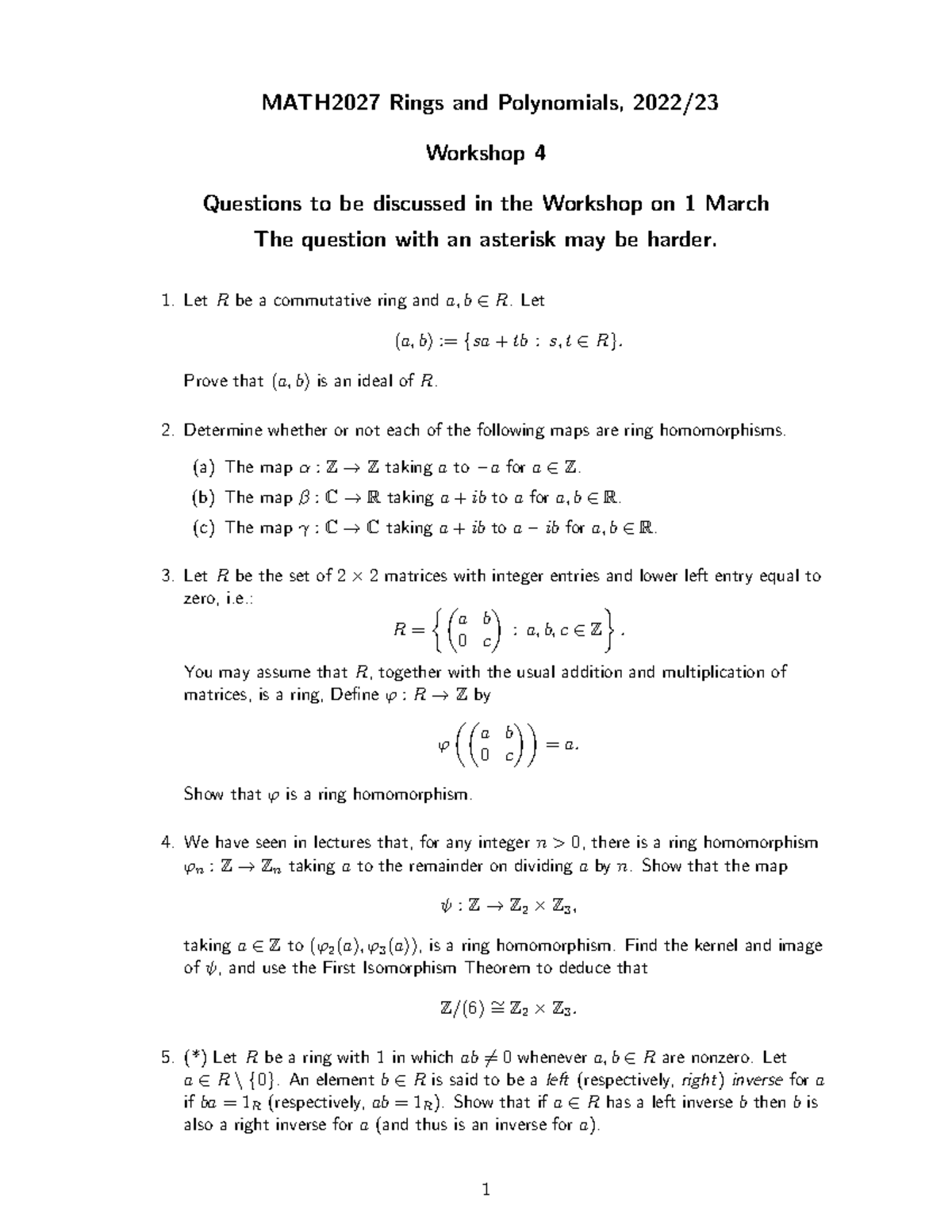 Workshop4 of rings - MATH2027 Rings and Polynomials, 2022/ Workshop 4 ...