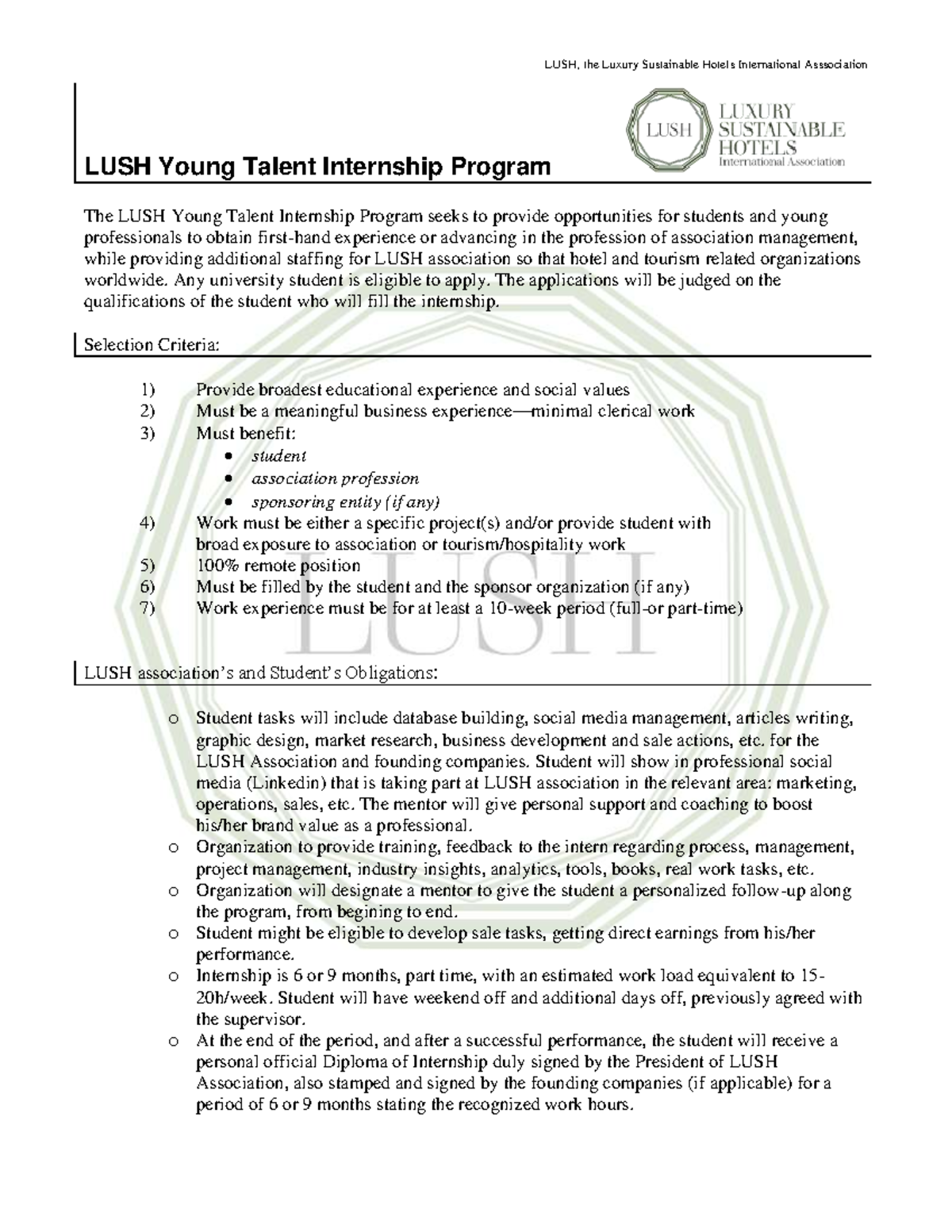 LUSH Internship Application - LUSH, the Luxury Sustainable Hotels ...