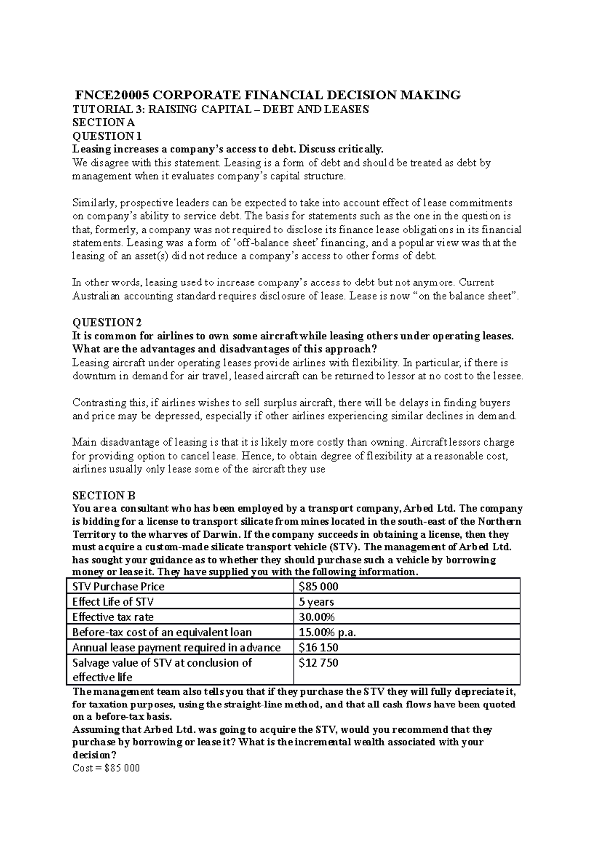 Tutorial 3 Raising capital (debt and leases) FNCE20005 CORPORATE