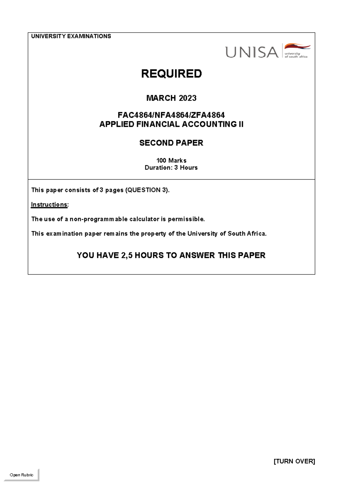 FAC4864 2023 EXAM Paper 2 - [TURN OVER] UNIVERSITY EXAMINATIONS ...