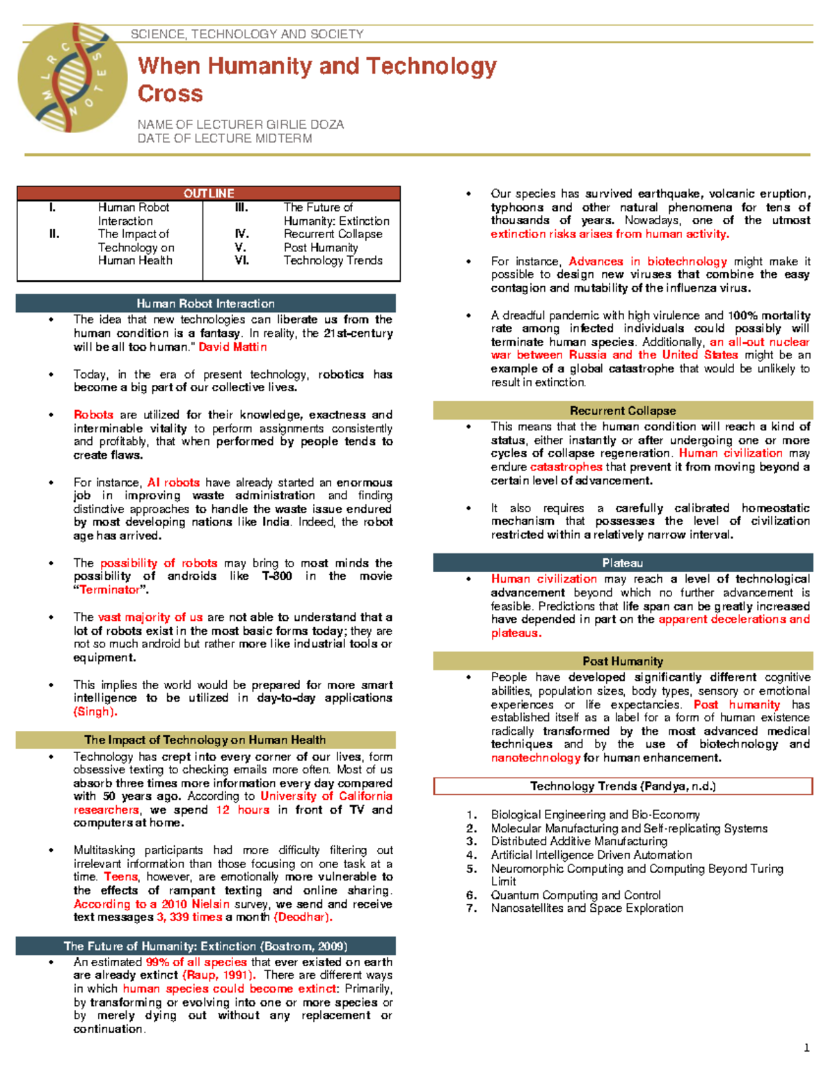 Stas - Stas notes - SCIENCE, TECHNOLOGY AND SOCIETY When Humanity and ...