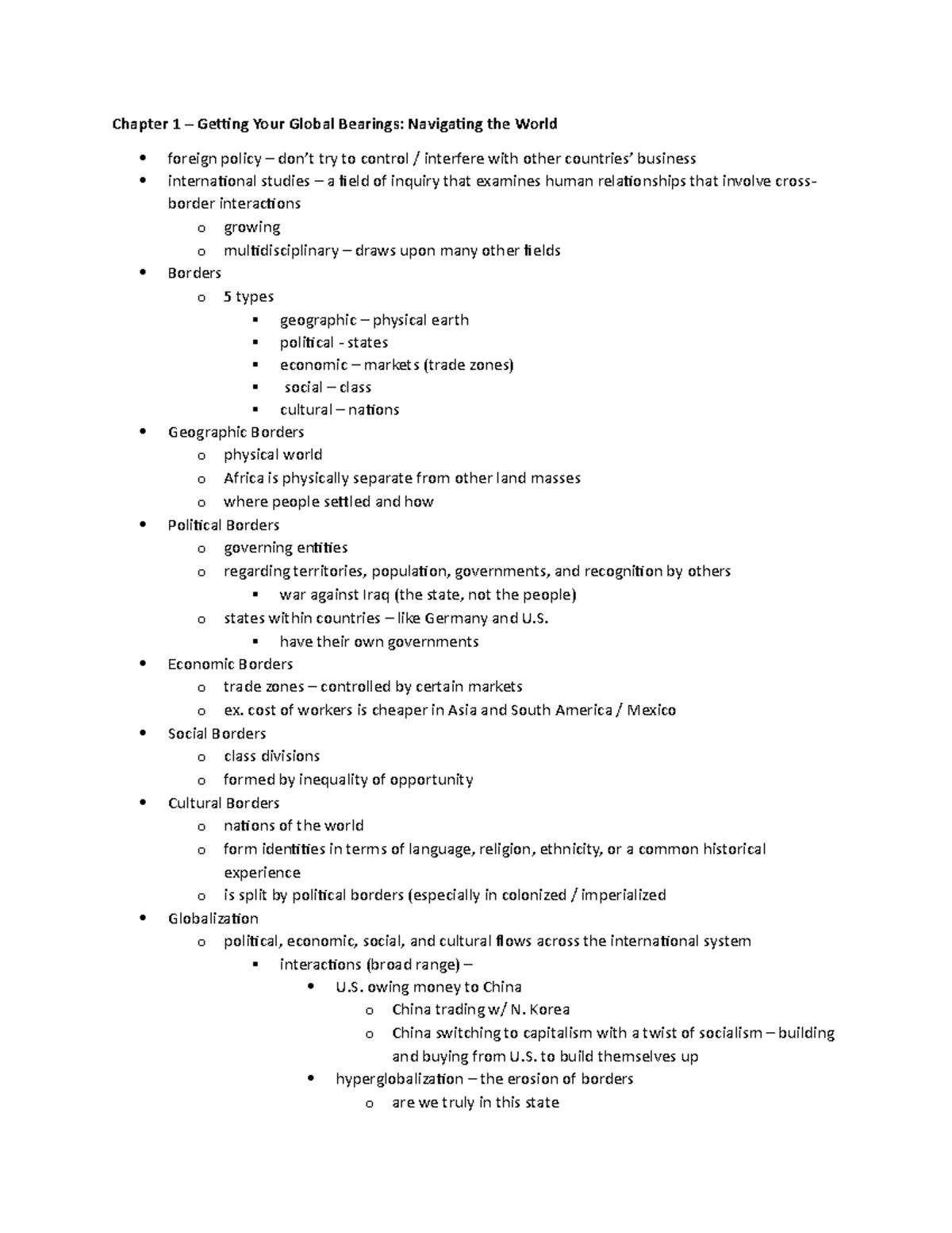 INTL 101 Notes for Test #1 - Chapter 1 – Getting Your Global Bearings ...