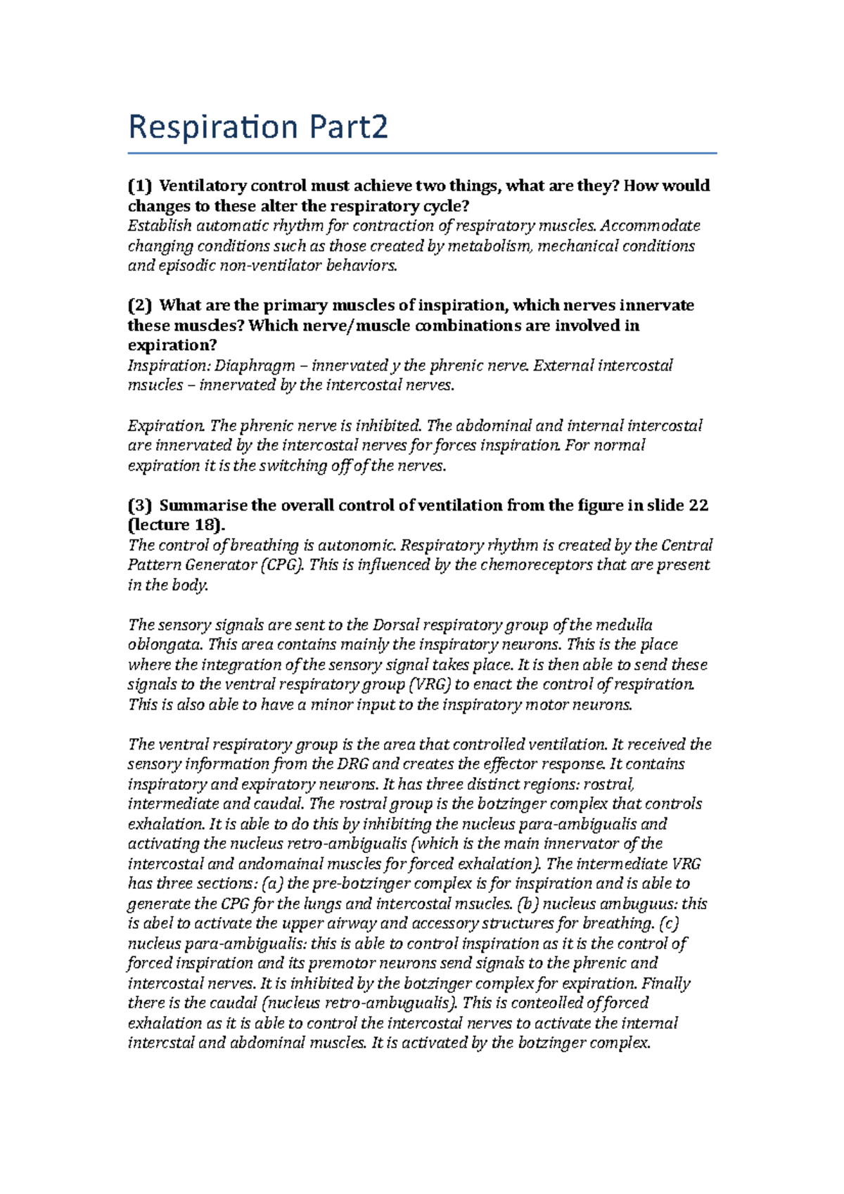 Respiration Part2 - Summaries of learning objectives. These are written ...