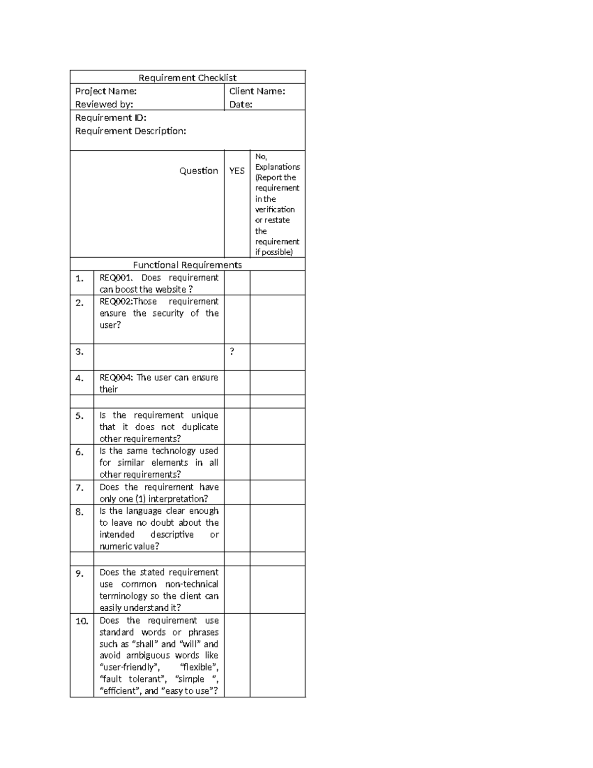 Requirement-Checklist - Requirement Checklist Project Name: Reviewed by ...