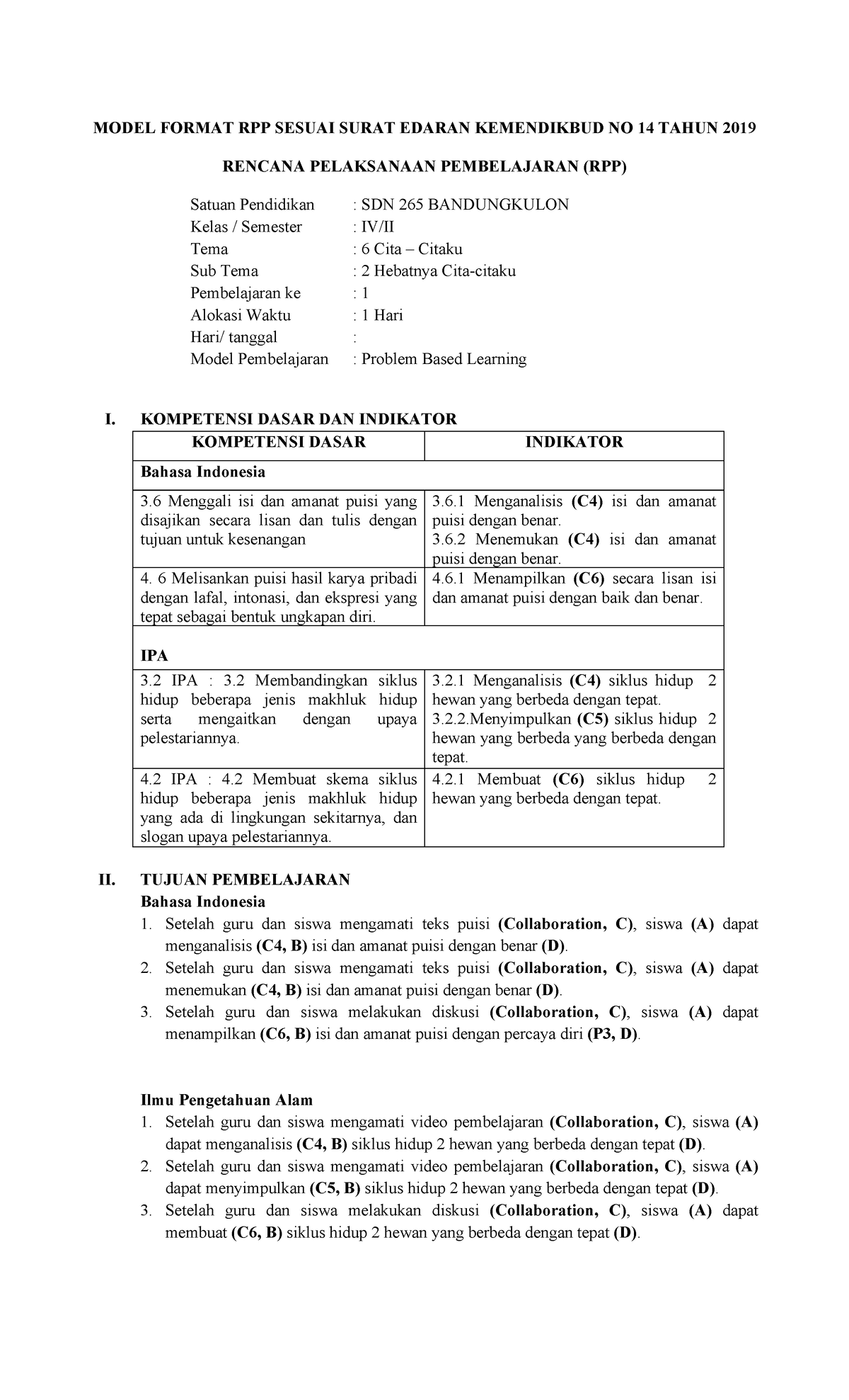 Rpp pbl kelas 4 tema 6 kursus MODEL FORMAT RPP SESUAI SURAT EDARAN