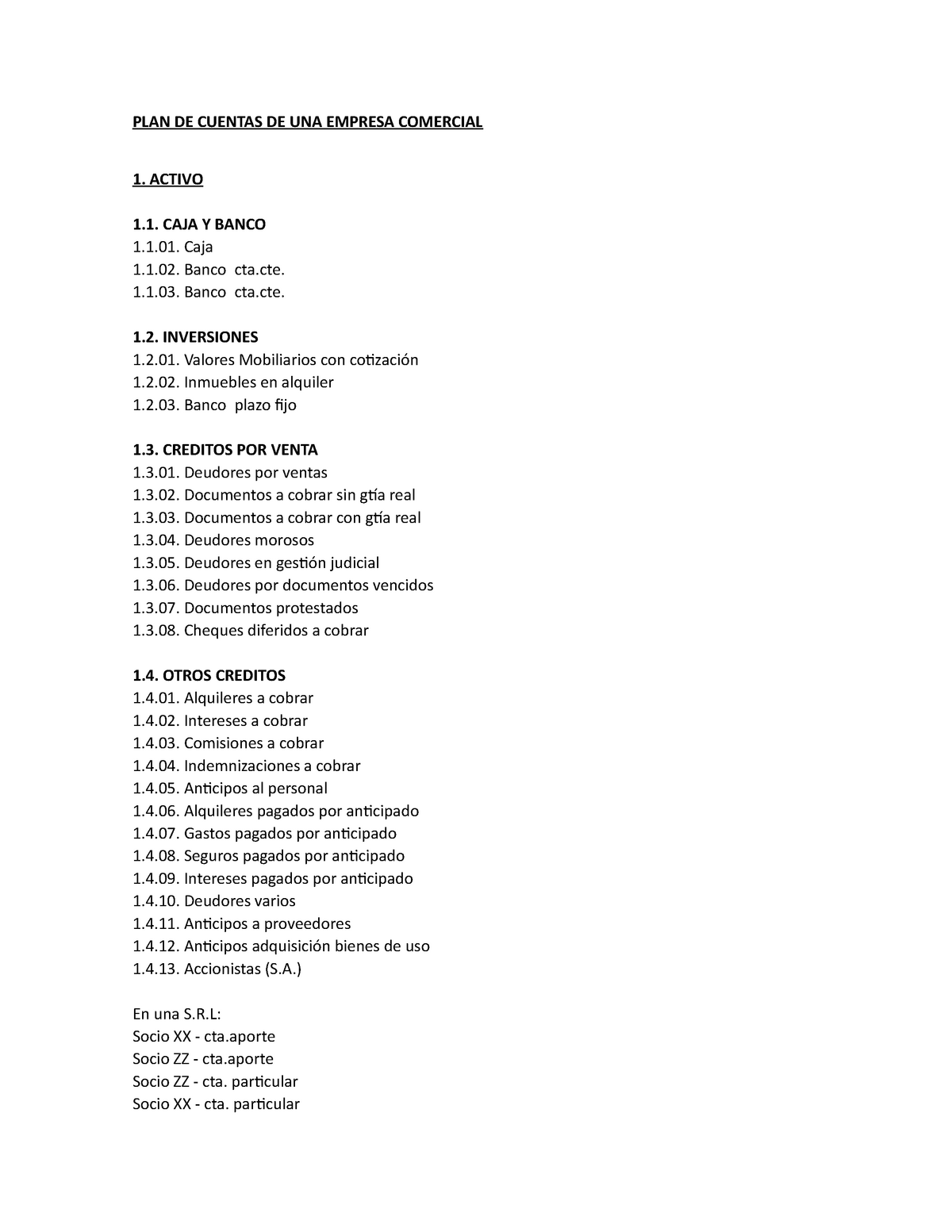 PLAN DE Cuentas DE UNA Empresa Comercial  PLAN DE CUENTAS DE UNA