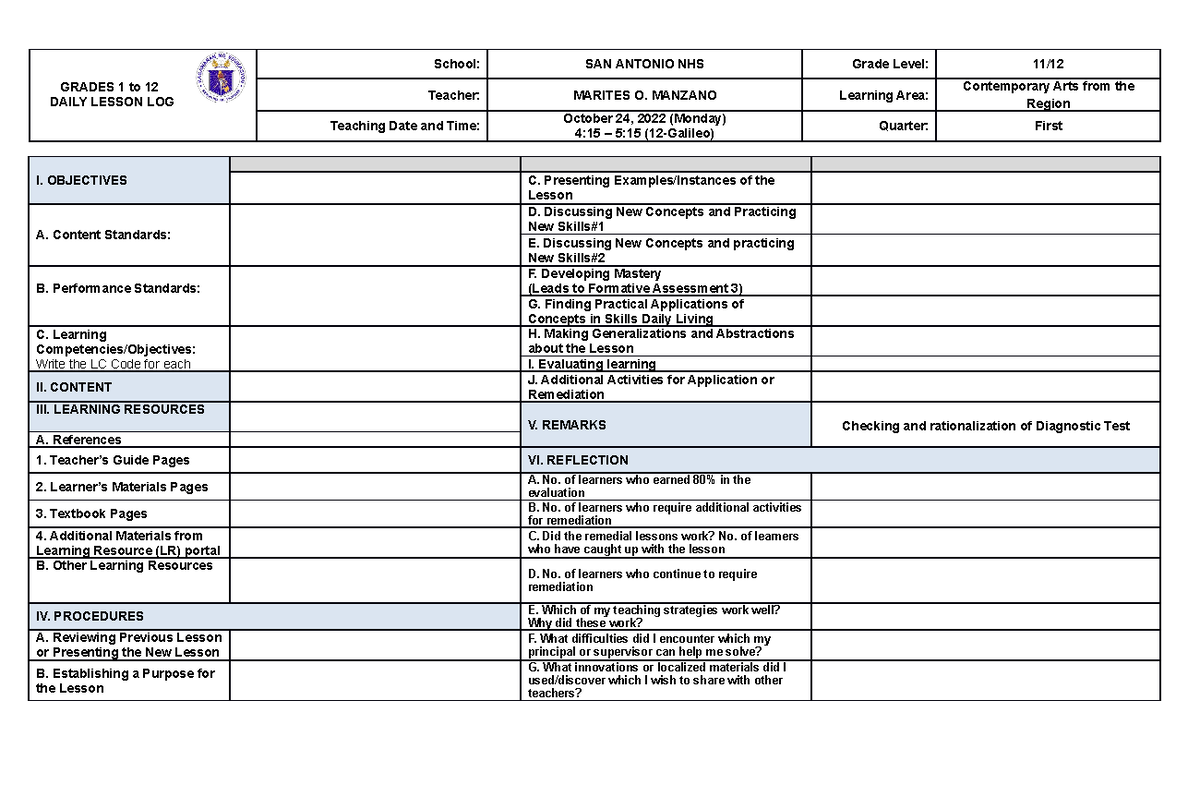 Week 9 Contemorary Arts - GRADES 1 to 12 DAILY LESSON LOG Teacher ...