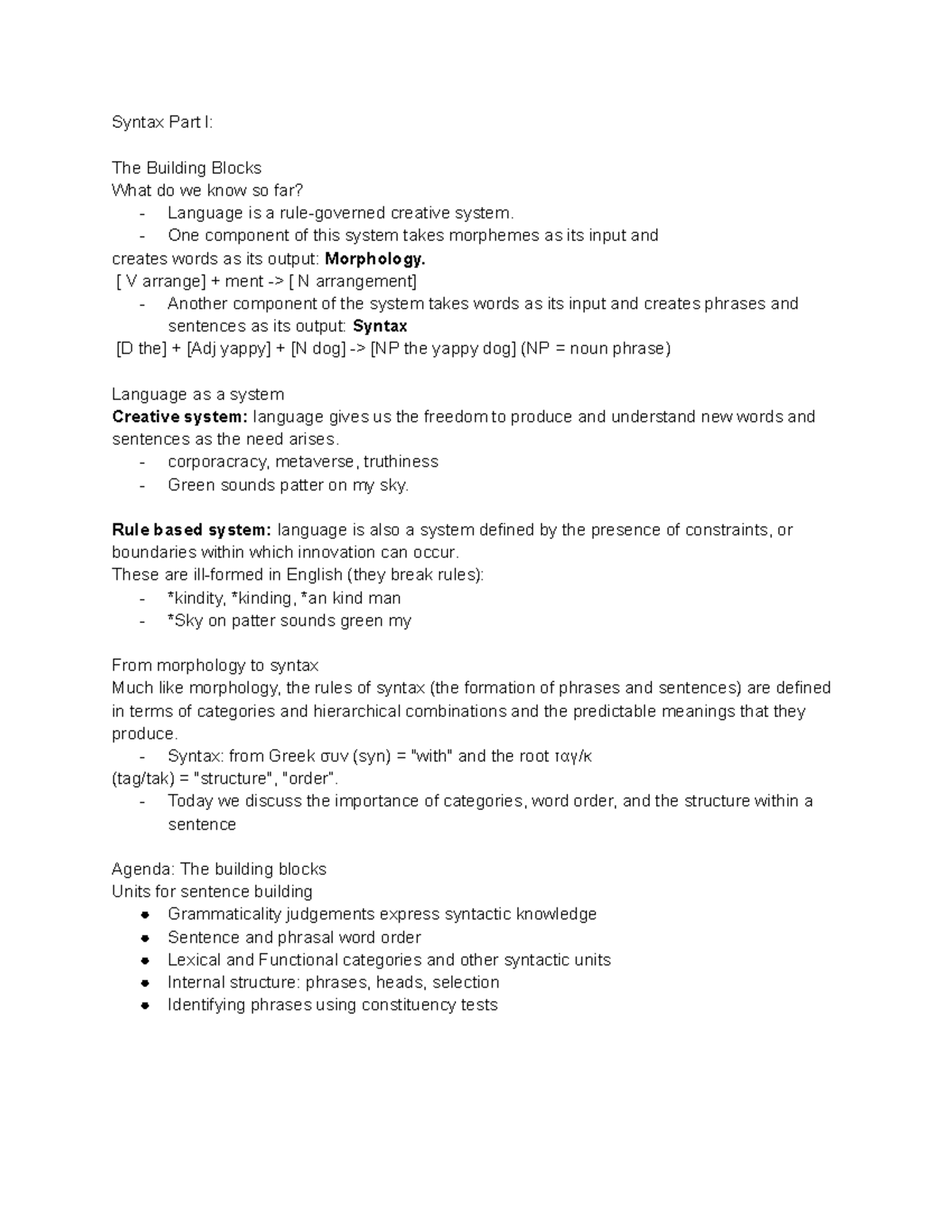 Lecture 4 notes - Syntax Part I: The Building Blocks What do we know so ...