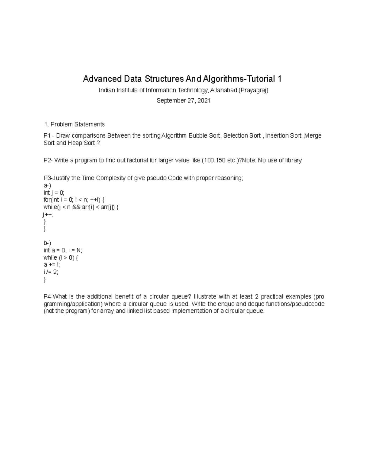 ADA Tutorial 1 for complexity analysis - Advanced Data Structures And ...