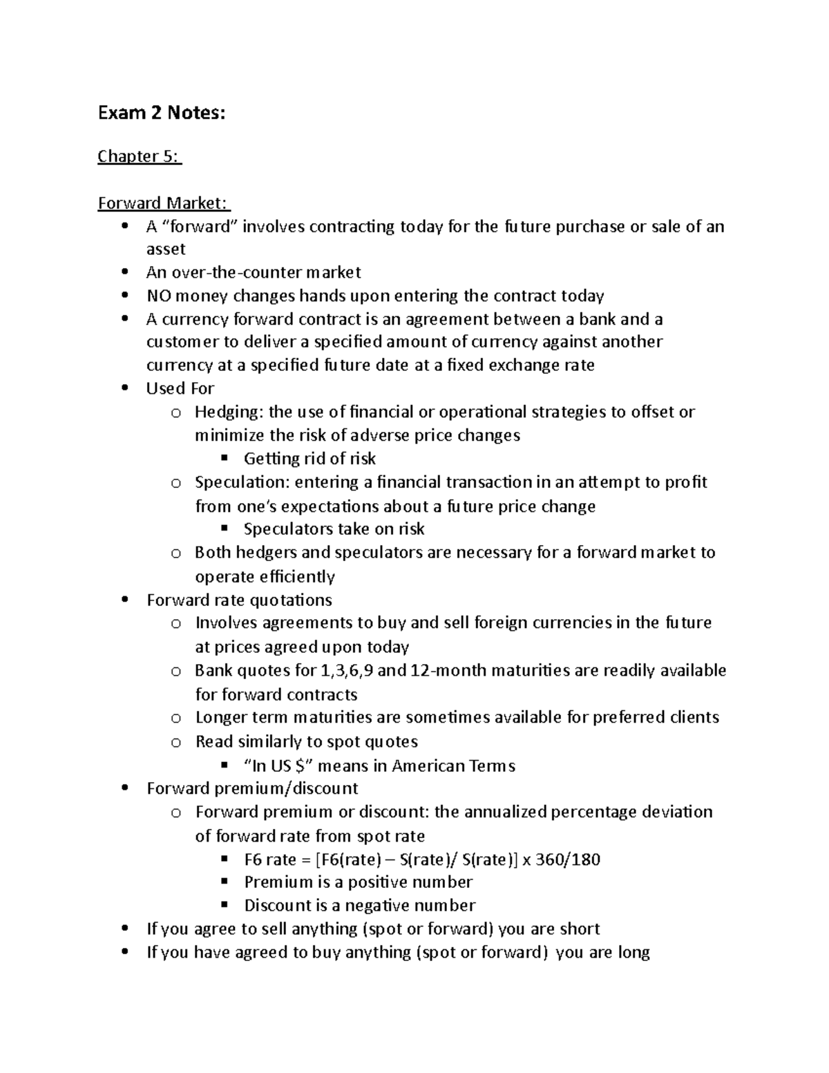 International finance Exam 2 Exam 2 Notes Chapter 5 Forward Market