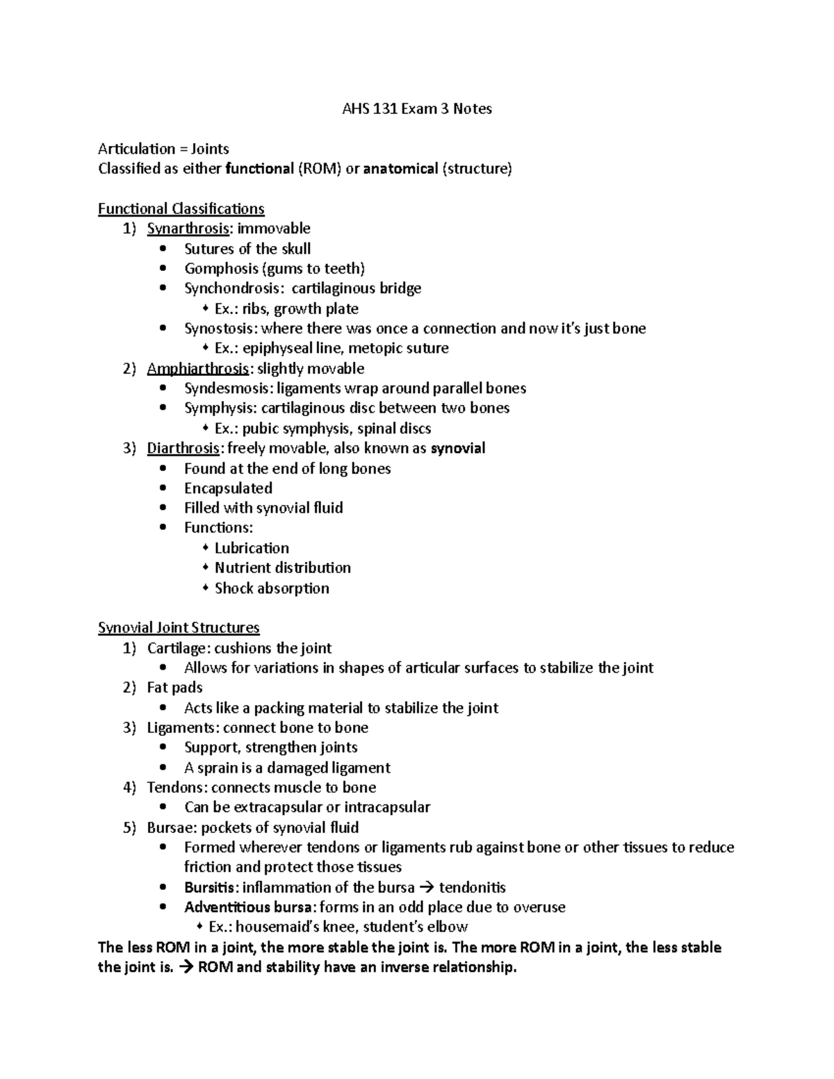 Exam 3 Notes - AHS 131 Exam 3 Notes Articulation = Joints Classified as ...