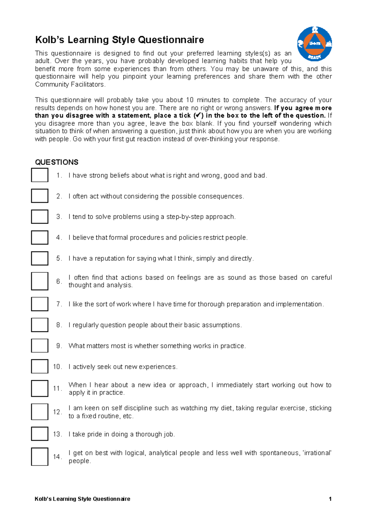 Kolb Questionnaire-on-Learning-Style - Kolb’s Learning Style ...