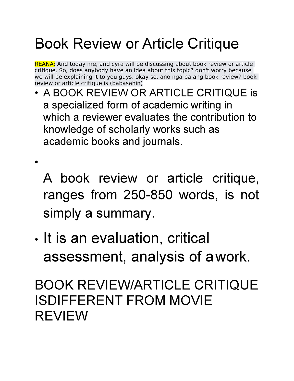 what is book review and article critique
