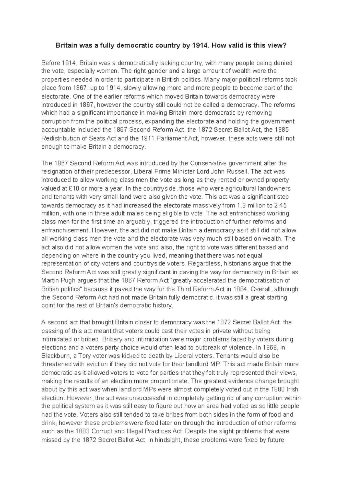 Britain was a fully democratic country by 1914 - How valid is this view ...