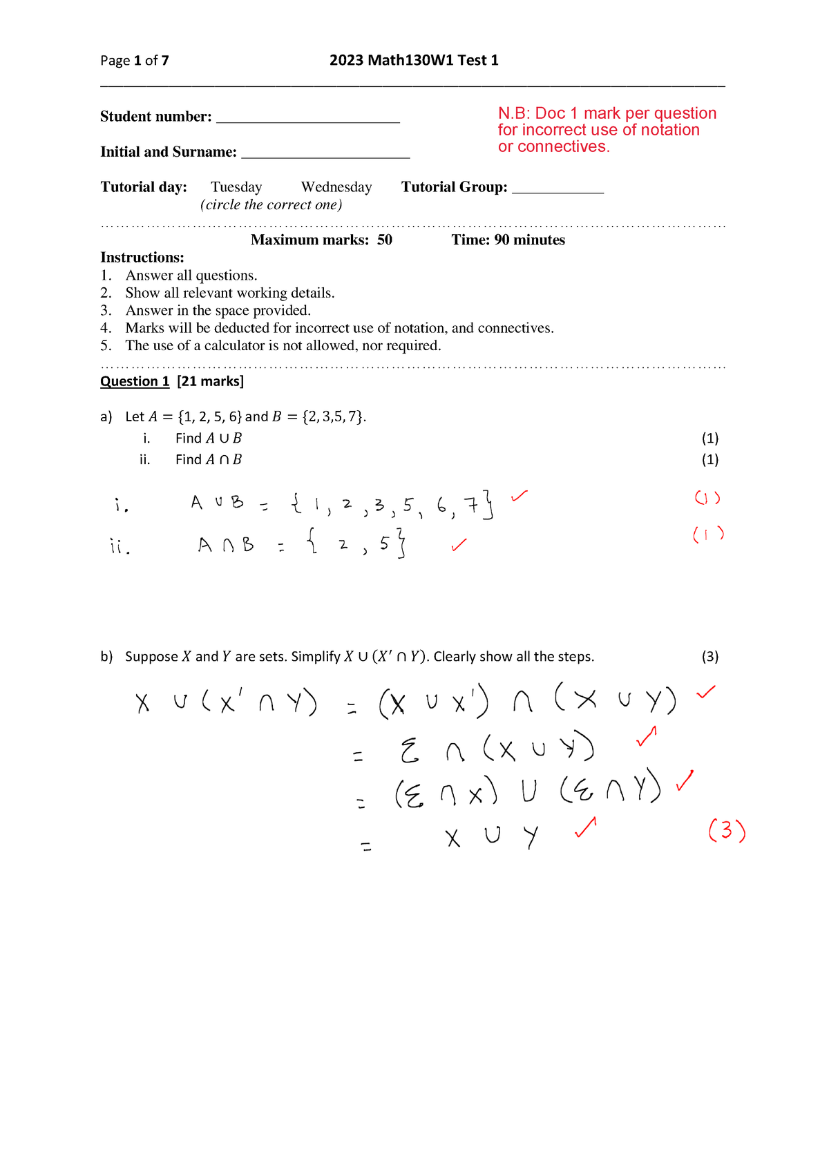 Math130W1 2023 Test 1 Memo - - Studocu