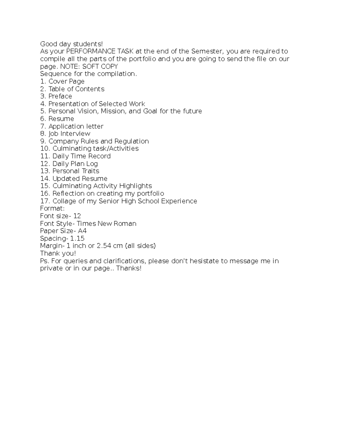 Good day students - sda - Good day students! As your PERFORMANCE TASK ...