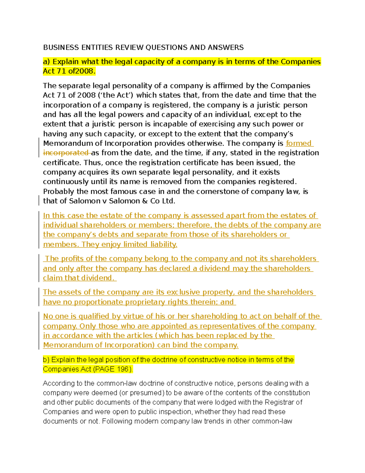 Business Entities Questions AND Answers - BUSINESS ENTITIES REVIEW ...