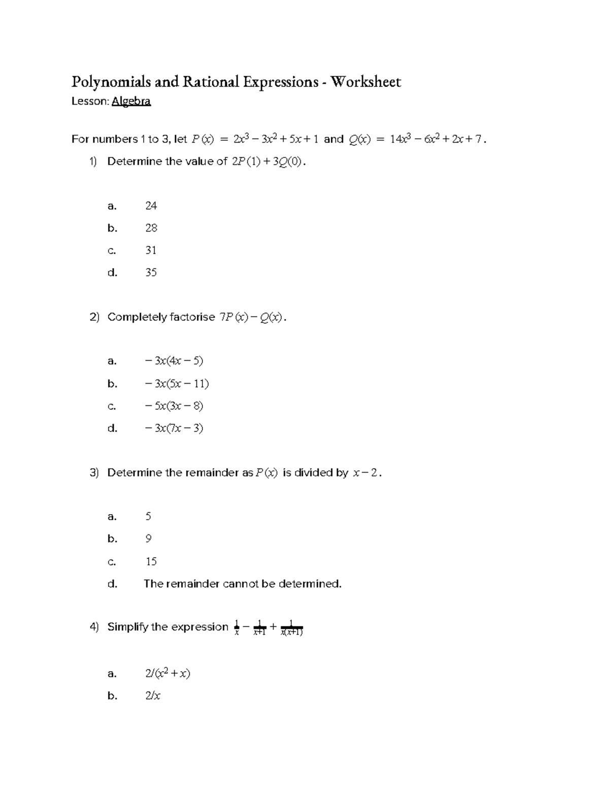 Algebra - Polynomials And Rational Expressions Worksheet - PolΡǿoǾials ...