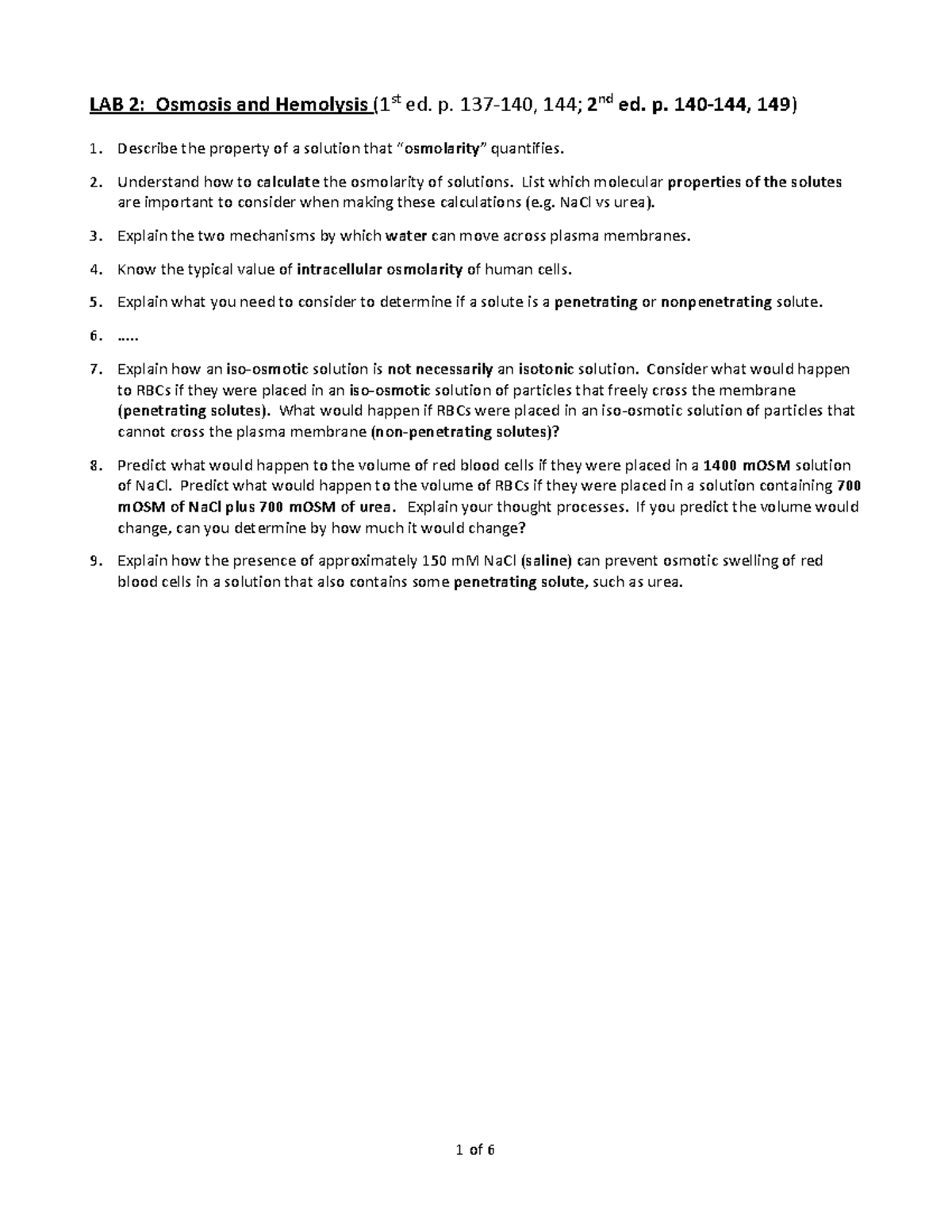 Osmolarity and Hemolysis Answers to Qs in Lab Manual F2020 1 of 6 LAB