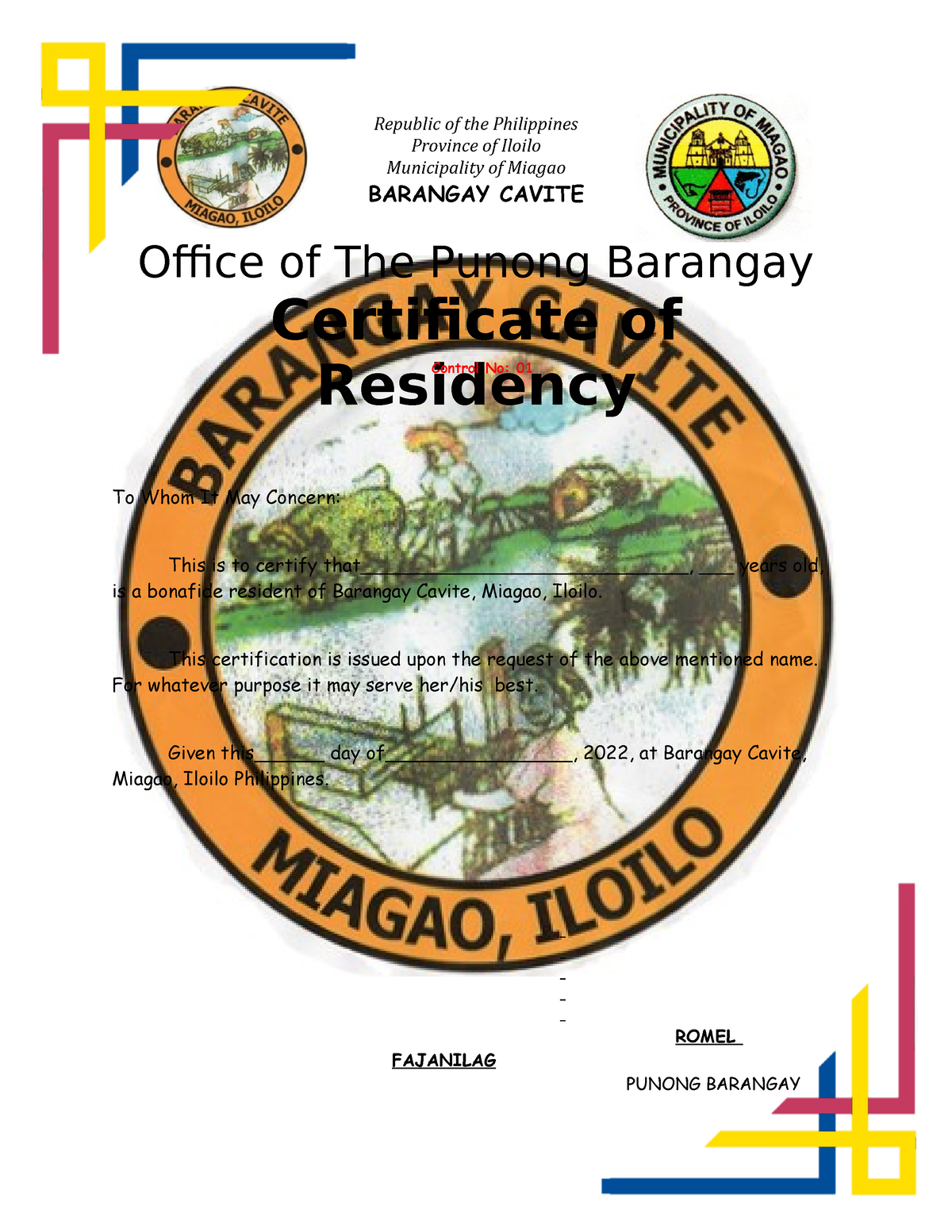 Residency Republic Of The Philippines Province Of Iloilo Municipality Of Miagao Barangay 0437