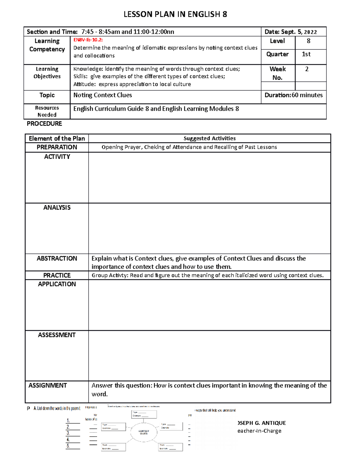 Week 3- day 1- Sept. 5 - This lesson plan can be utilized for Grade 8 ...