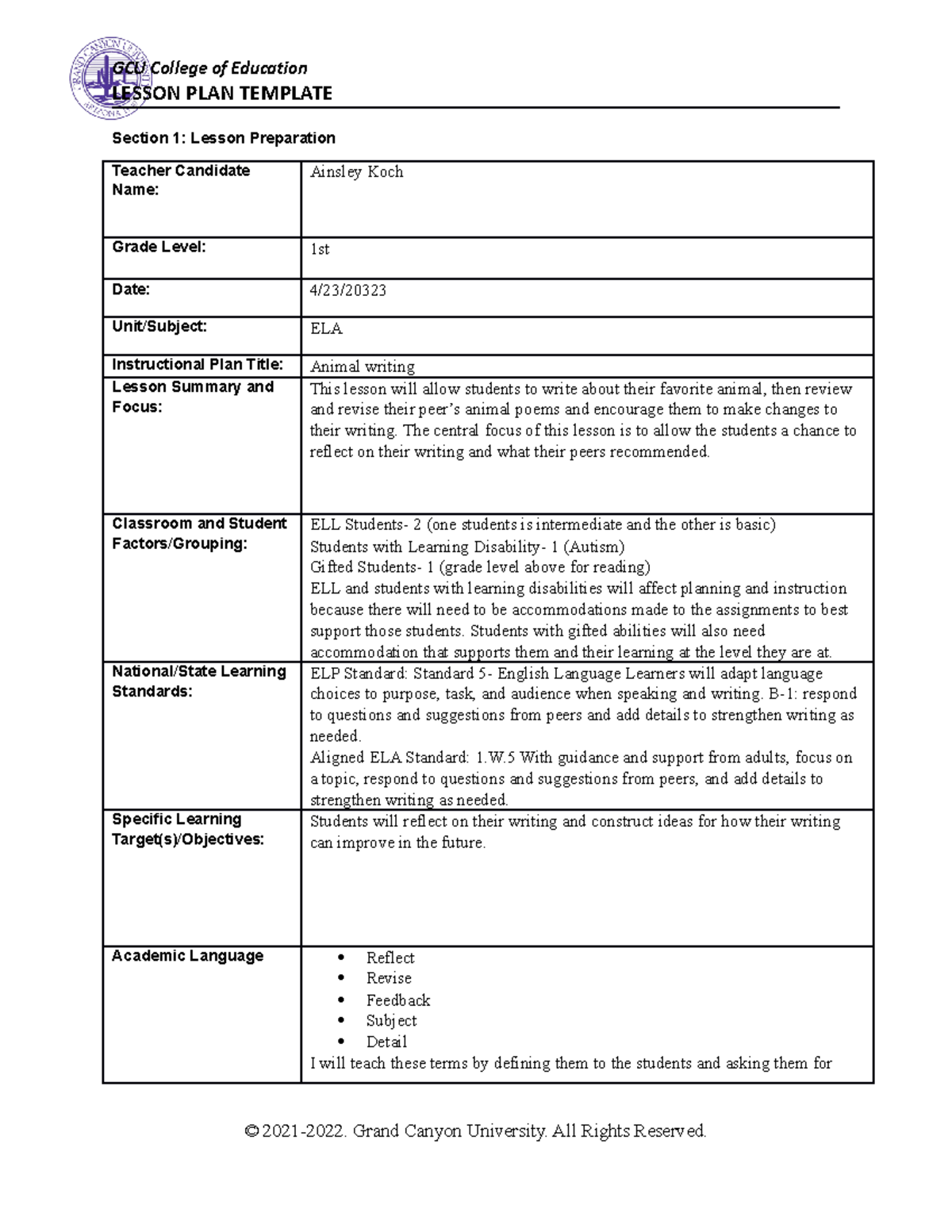 ESL-440 Benchmark Lesson Plan - LESSON PLAN TEMPLATE Section 1: Lesson ...