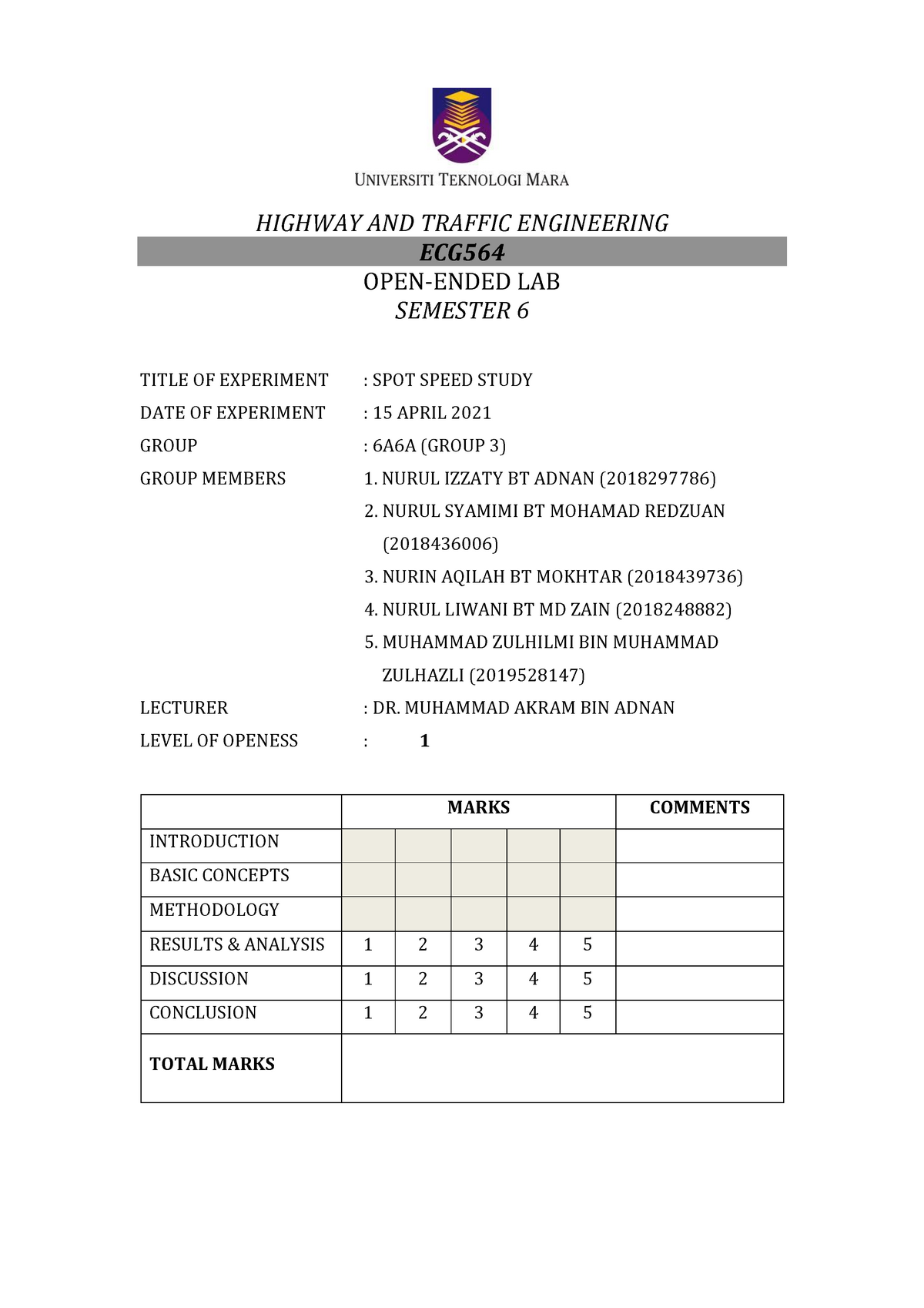 uitm-spot-speed-study-lab-report-highway-and-traffic-engineering-ecg