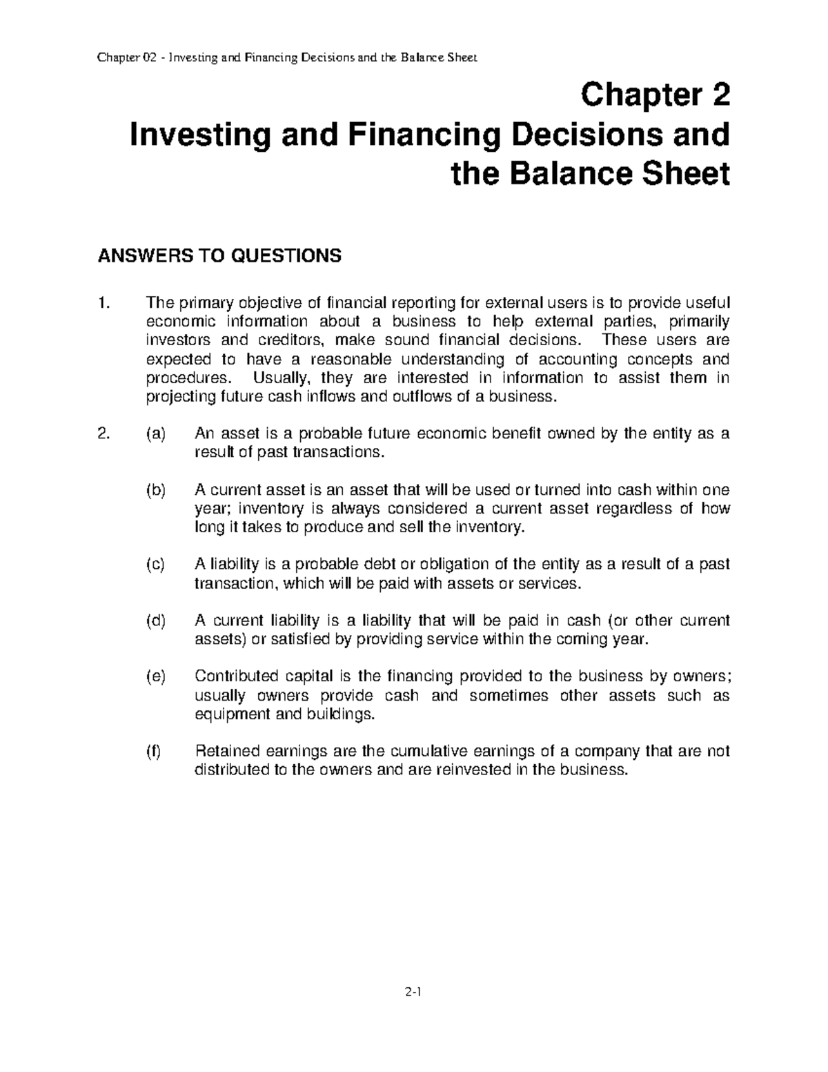 Chap002 answers - Chapter 2 Investing and Financing Decisions and the ...
