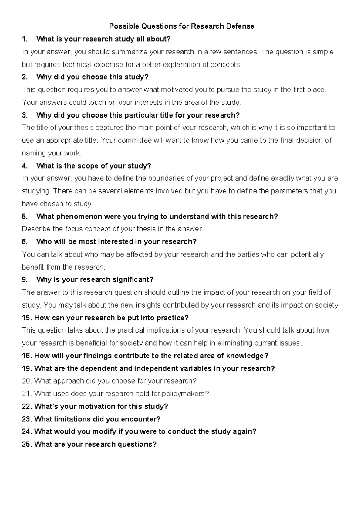 Questions for research defense - Possible Questions for Research ...