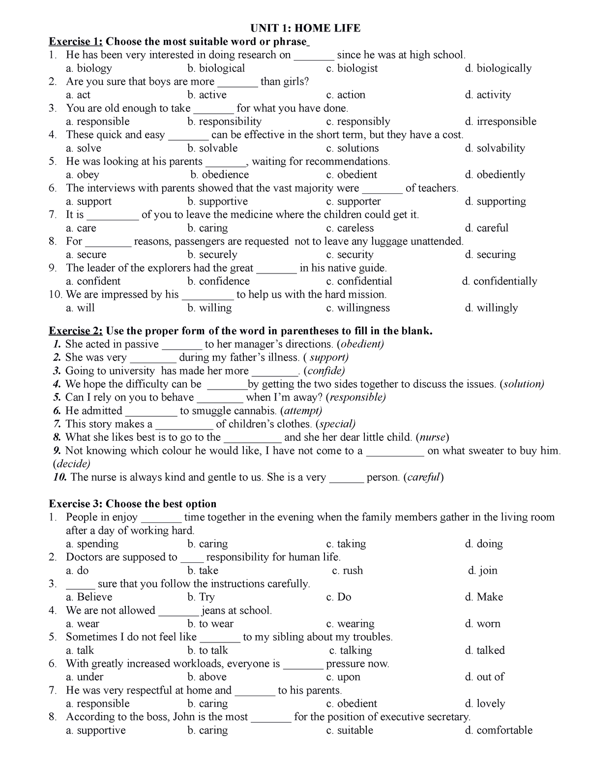 WORD FORM Exercise Grade 12 - UNIT 1: HOME LIFE Exercise 1: Choose The ...