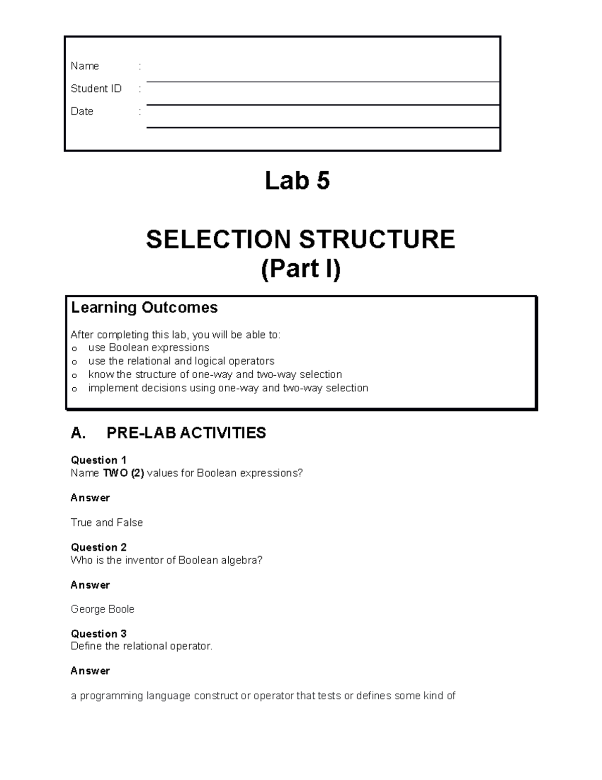 Lab 4 - Selection Structure Part 1 - Student ID : Date : Lab 5 ...