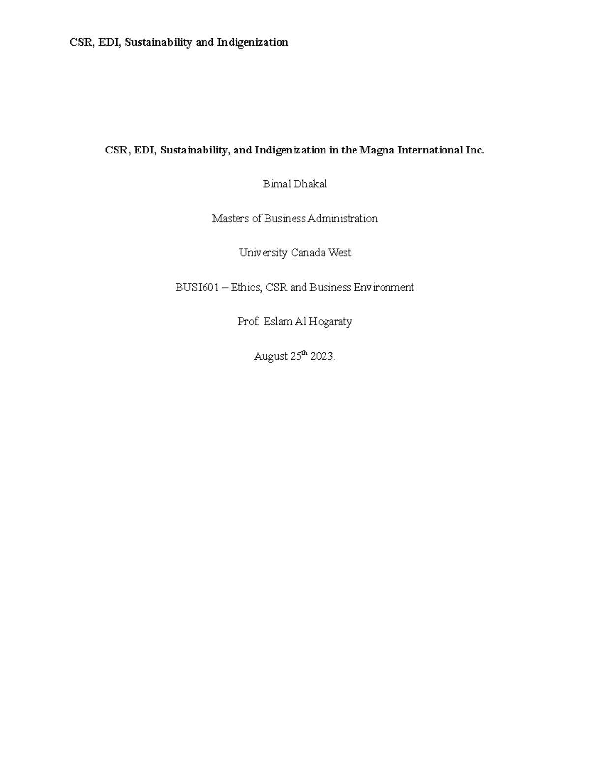 Ethics Individual aassignment 2 - CSR, EDI, Sustainability, and ...