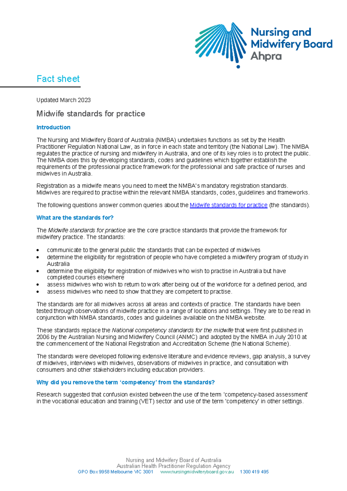 NMBA Fact sheet Midwife standards for practice Nursing and Midwifery Board of Australia
