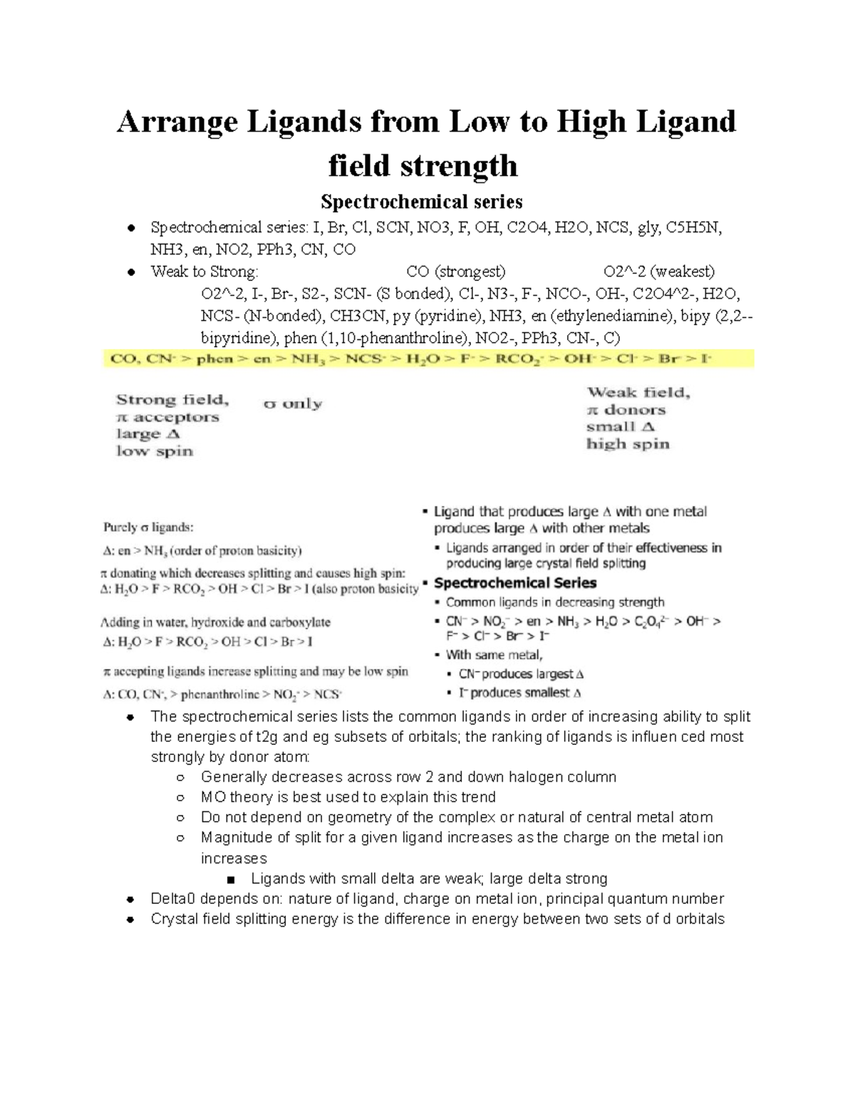 Exam 3 Study Guide Arrange Ligands from Low to High Ligand