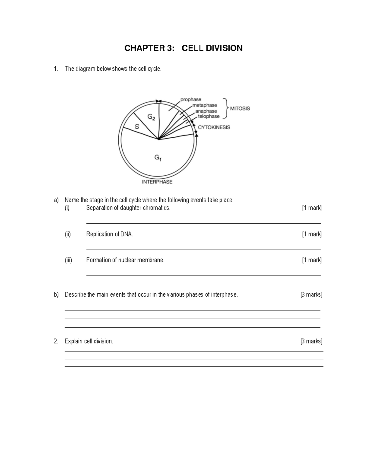 Exercise Chapter 3 CELL Division - CHAPTER 3 : CELL DIVISION The ...