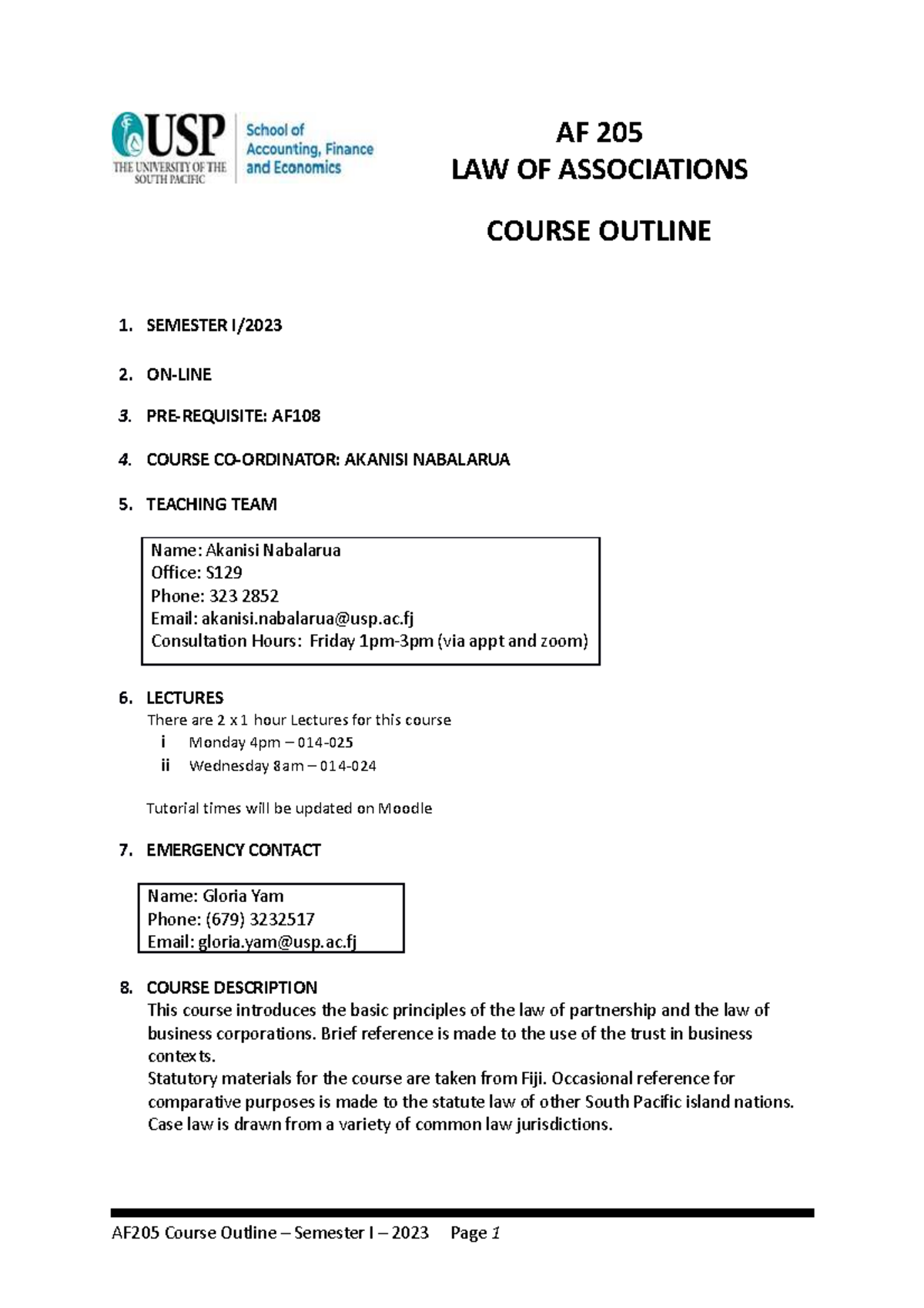 AF205 Course Outline Sem1 2023 - AF 205 LAW OF ASSOCIATIONS COURSE ...