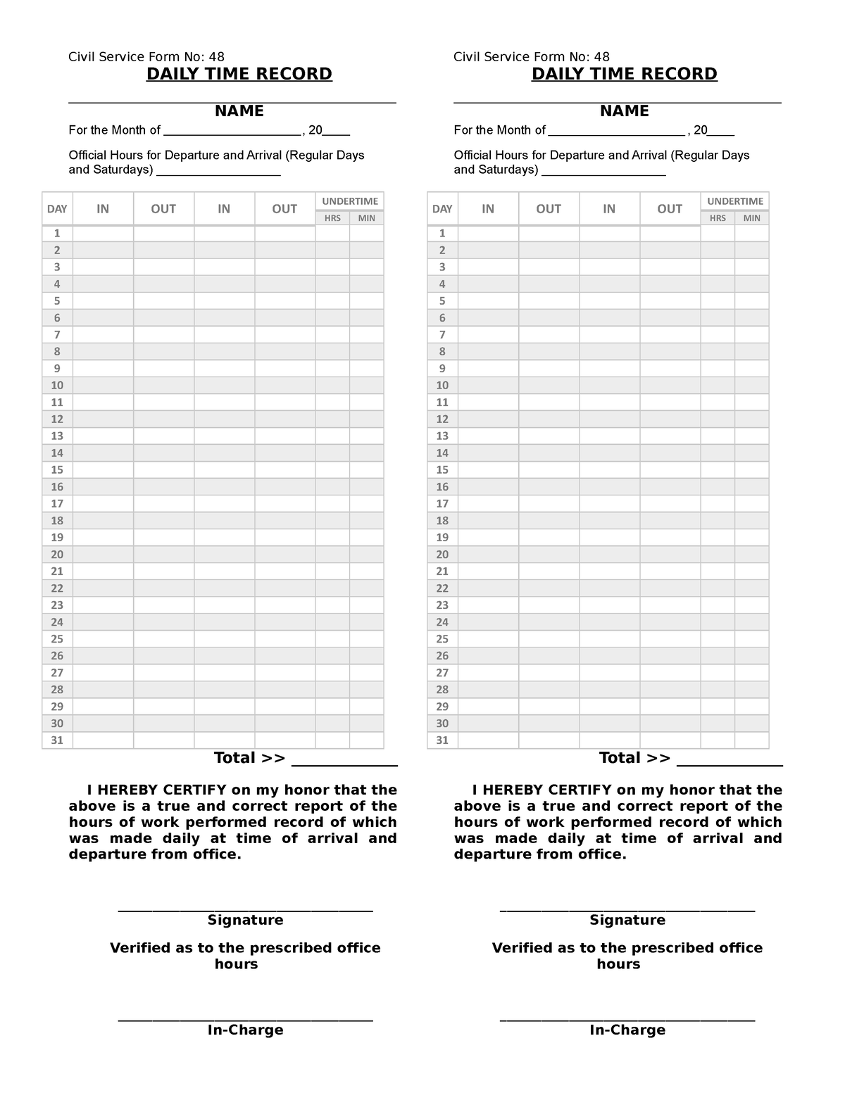 (DTR) Civil Service Form No. 48 - Civil Service Form No: 48 DAILY TIME ...