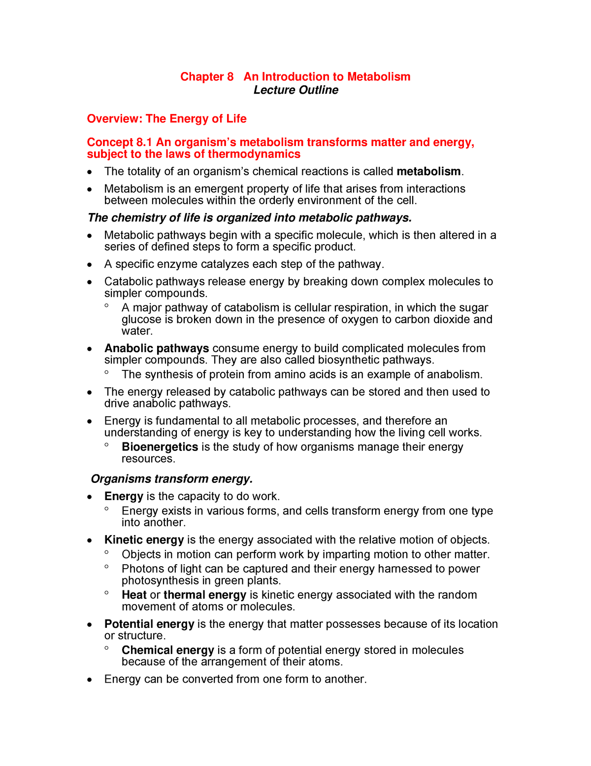 Chapter 8 Outline - Biology 101 Lecture Notes - Chapter 8 An ...