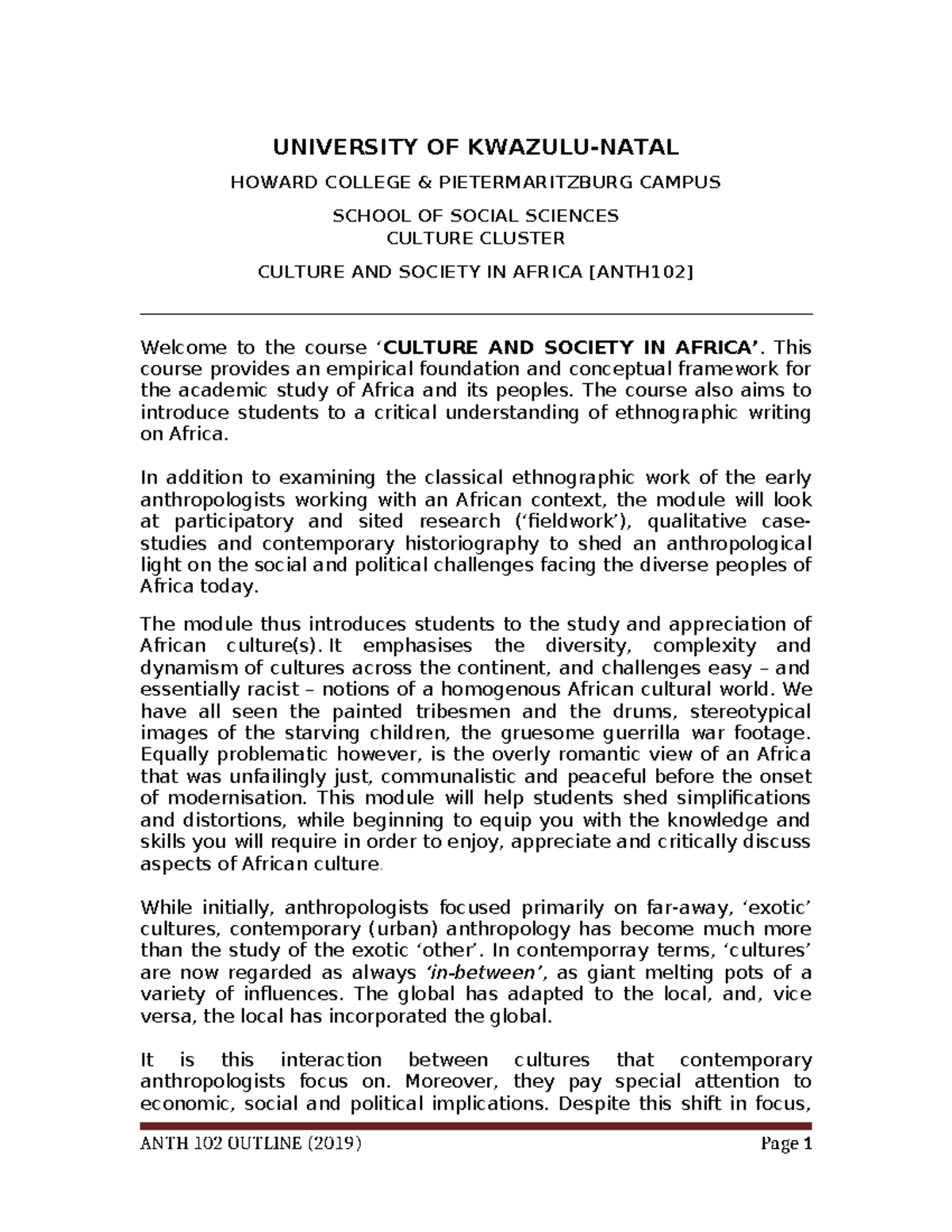 ANTH 102 Course Outline 2023 Draft - UNIVERSITY OF KWAZULU-NATAL HOWARD ...