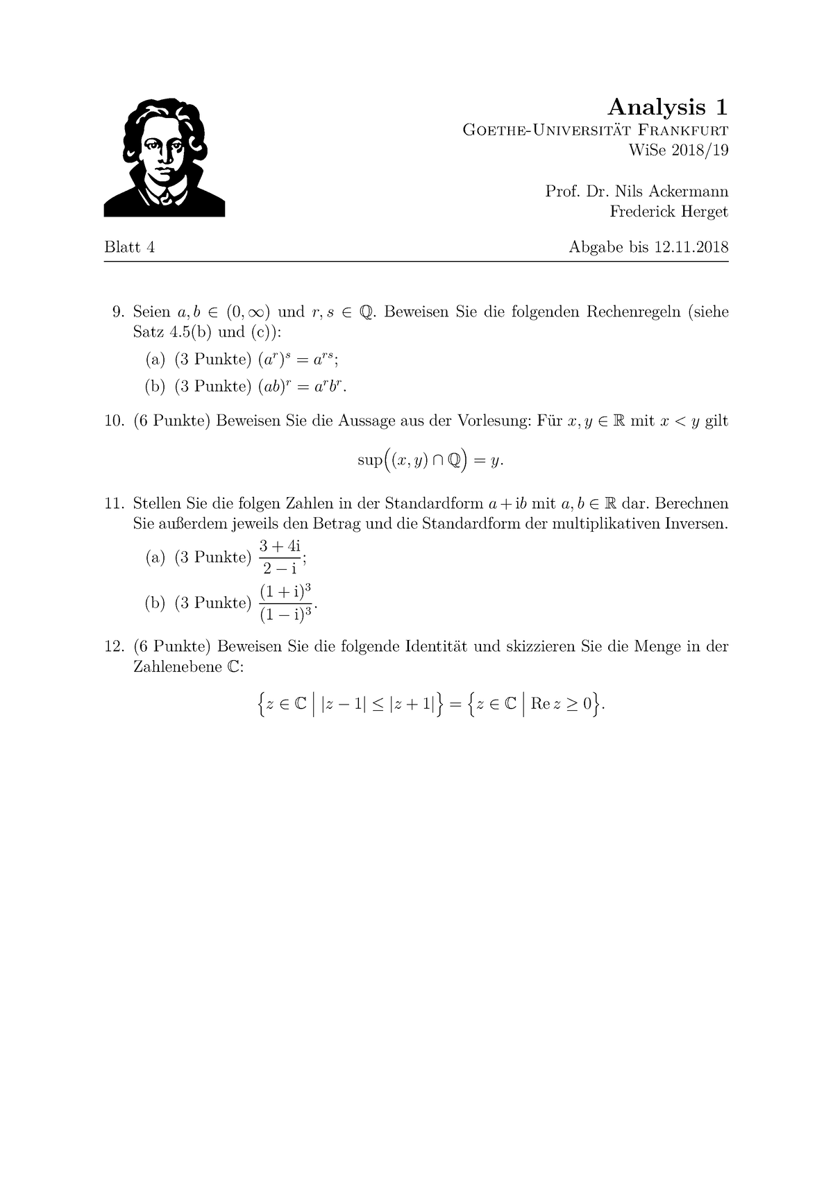 Blatt-04 - Wintersemester - Analysis 1 Goethe-Universität Frankfurt WiSe 2018/ Prof. Dr. Nils 