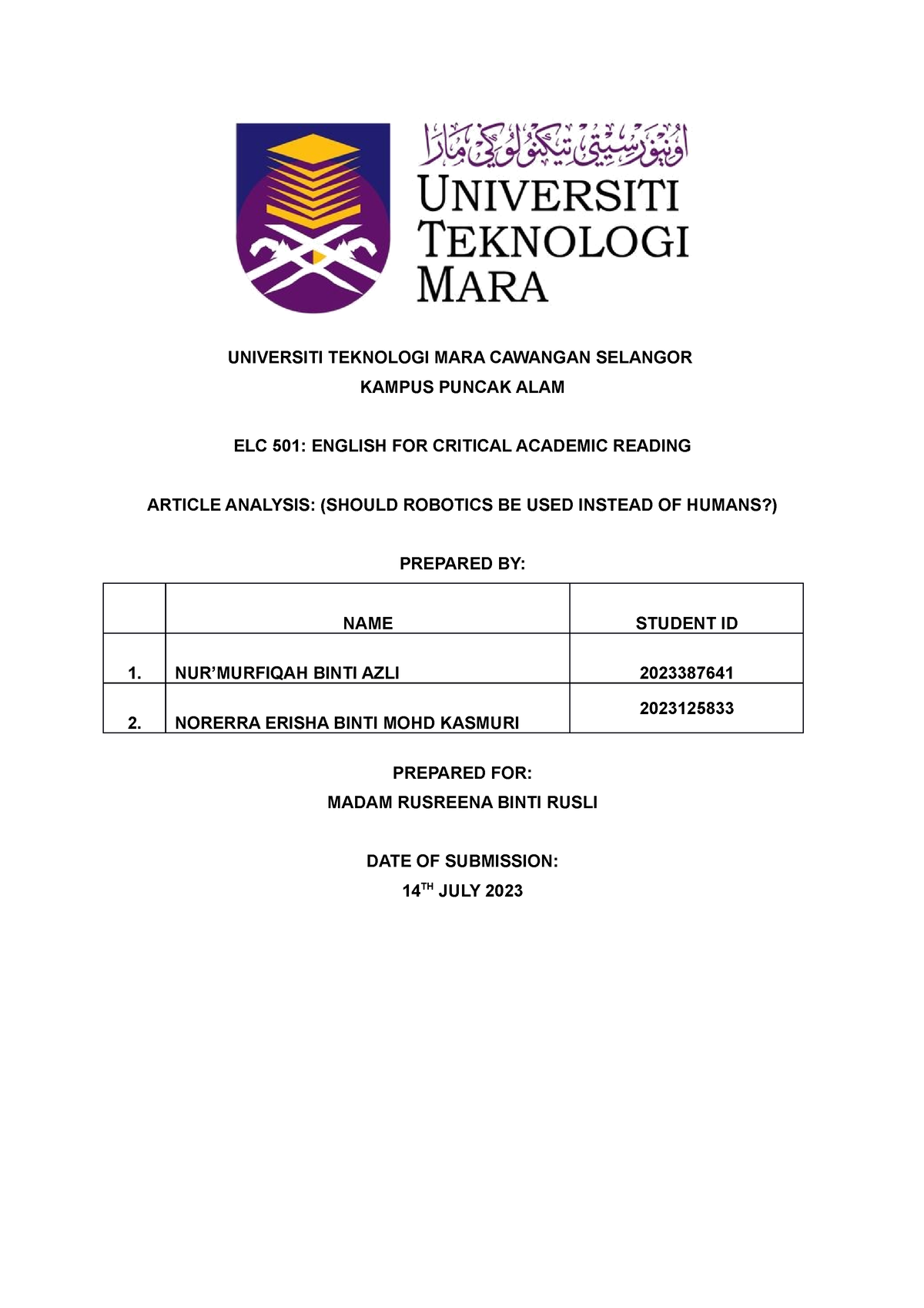 Analysis Article Group 2 - UNIVERSITI TEKNOLOGI MARA CAWANGAN SELANGOR ...