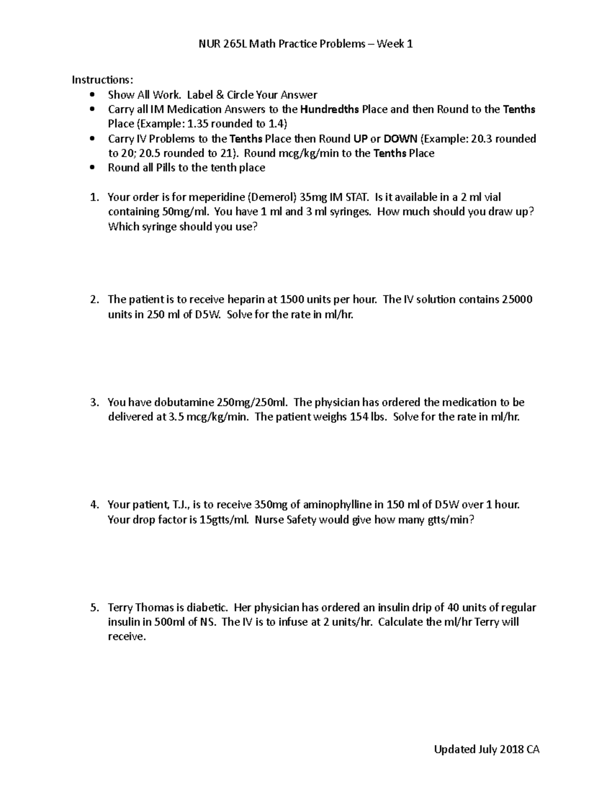 Math Practice Problems Week 1 - NUR 265L Math Practice Problems – Week ...