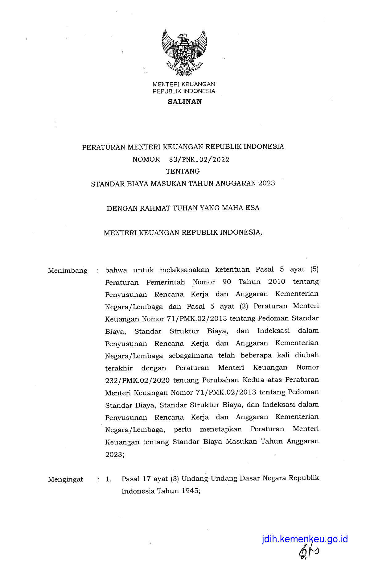 83 PMK.02 2022 - PMK - MENTERIKEUANGAN REPUBLIK INDONESIA SALINAN ...