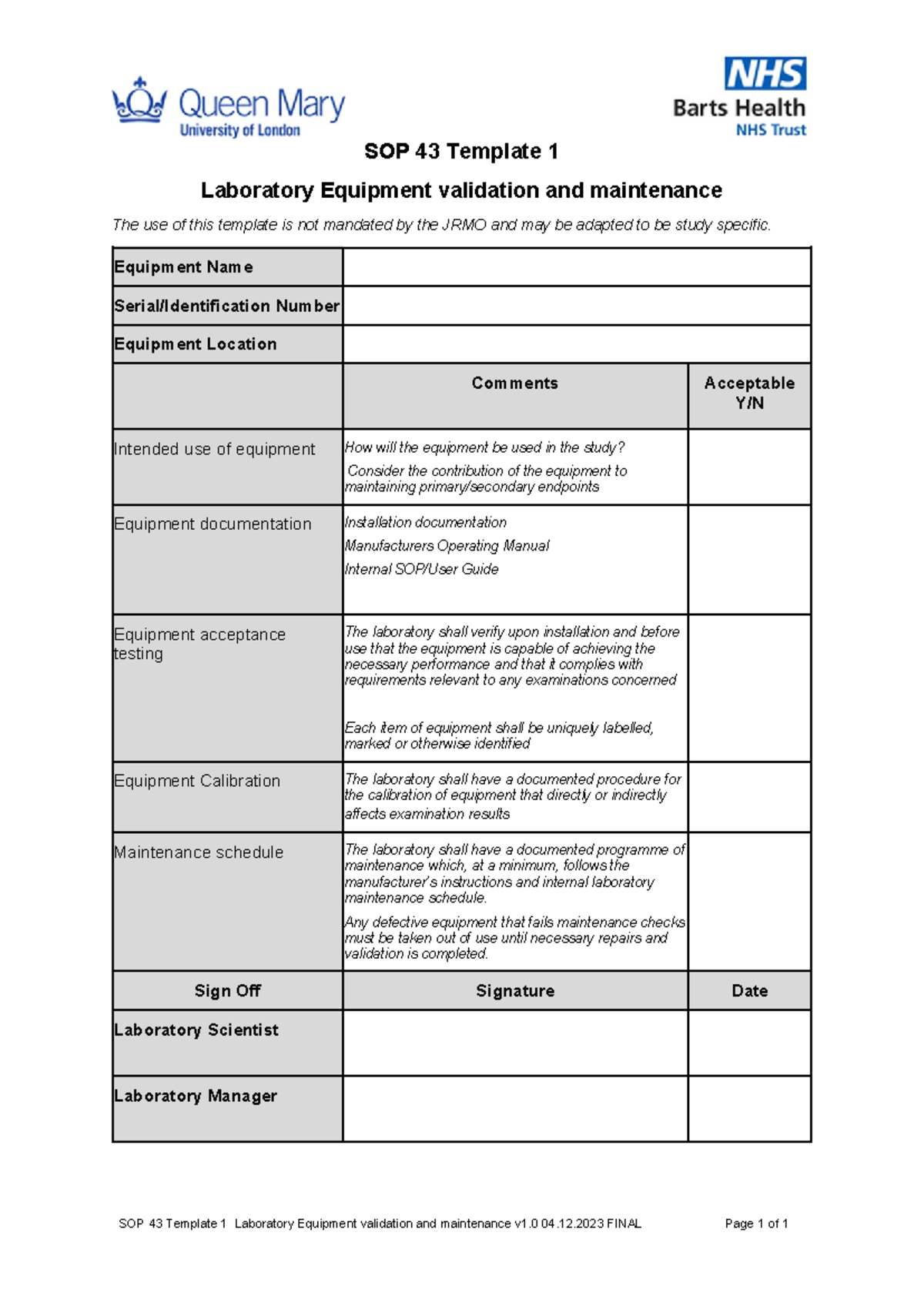 Laboratory Equipment validation and maintenance - Equipment Name Serial ...