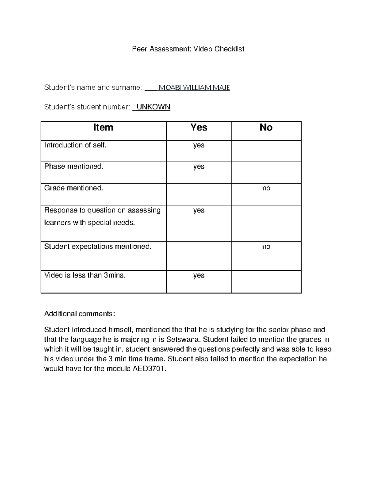 Peer Assessment Video Checklist 1 Peer Assessment Video Checklist