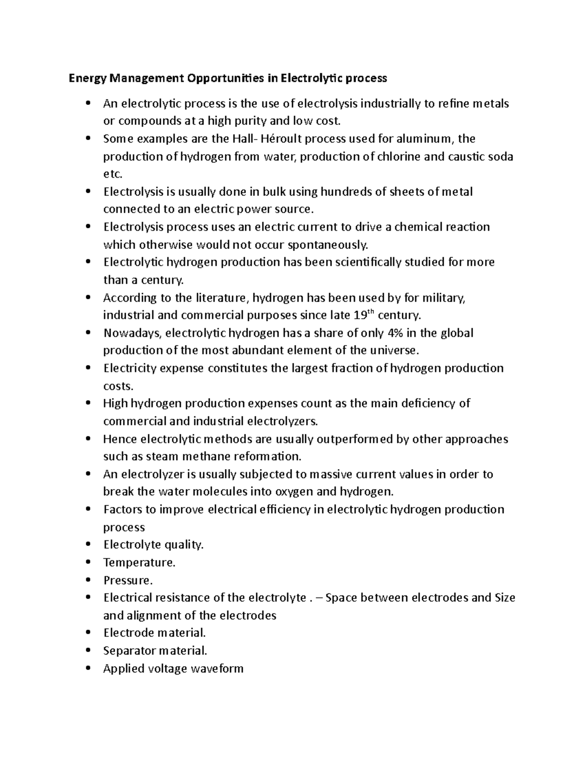 EMA in electrolytic process Energy Management Opportunities in