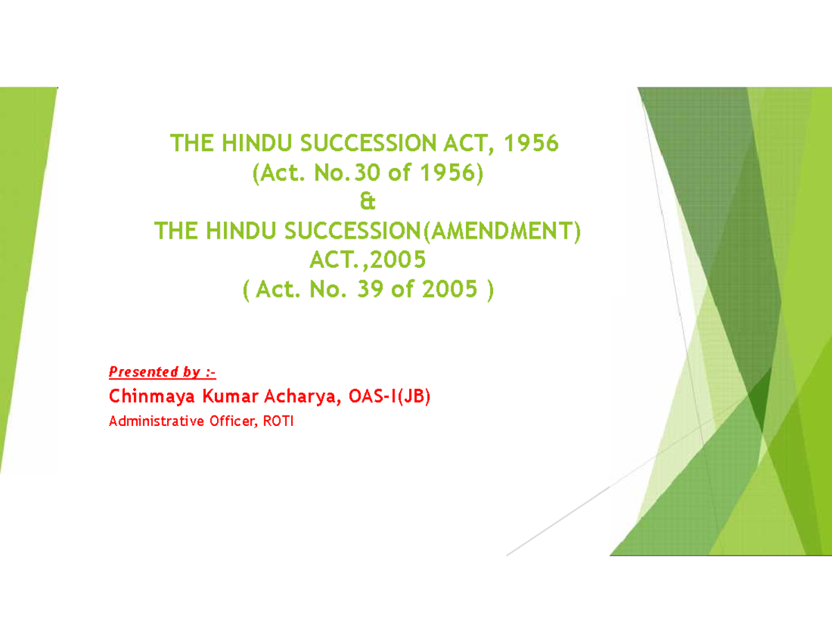 THE Hindu Succession ACT, 1956 Succession And Inheritance - THE HINDU ...